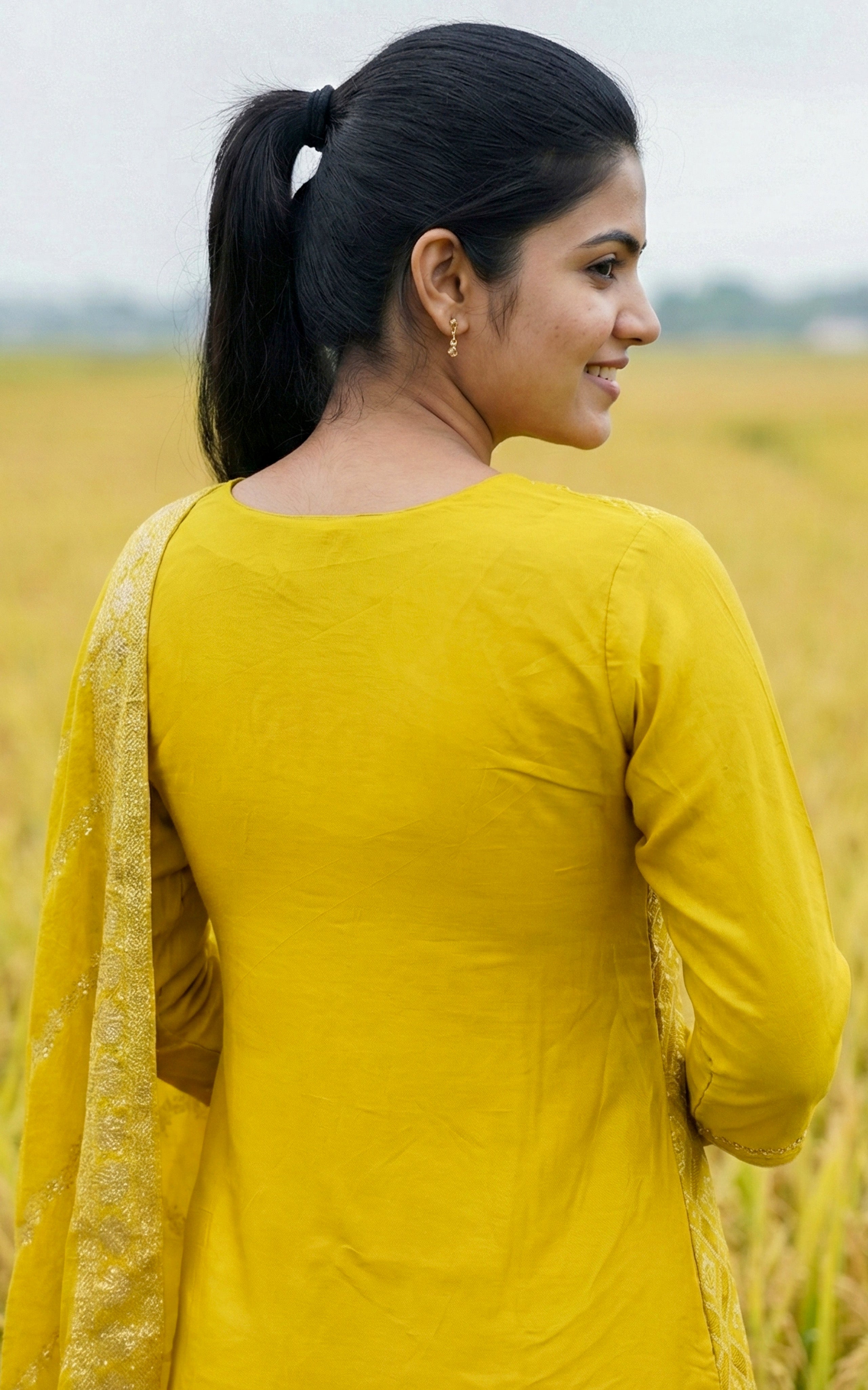 Instore - Lime Yellow Art Silk Straight Cut Kurti with Side Slit & Embroidery Neckline with Pant & Gold Woven Dupatta