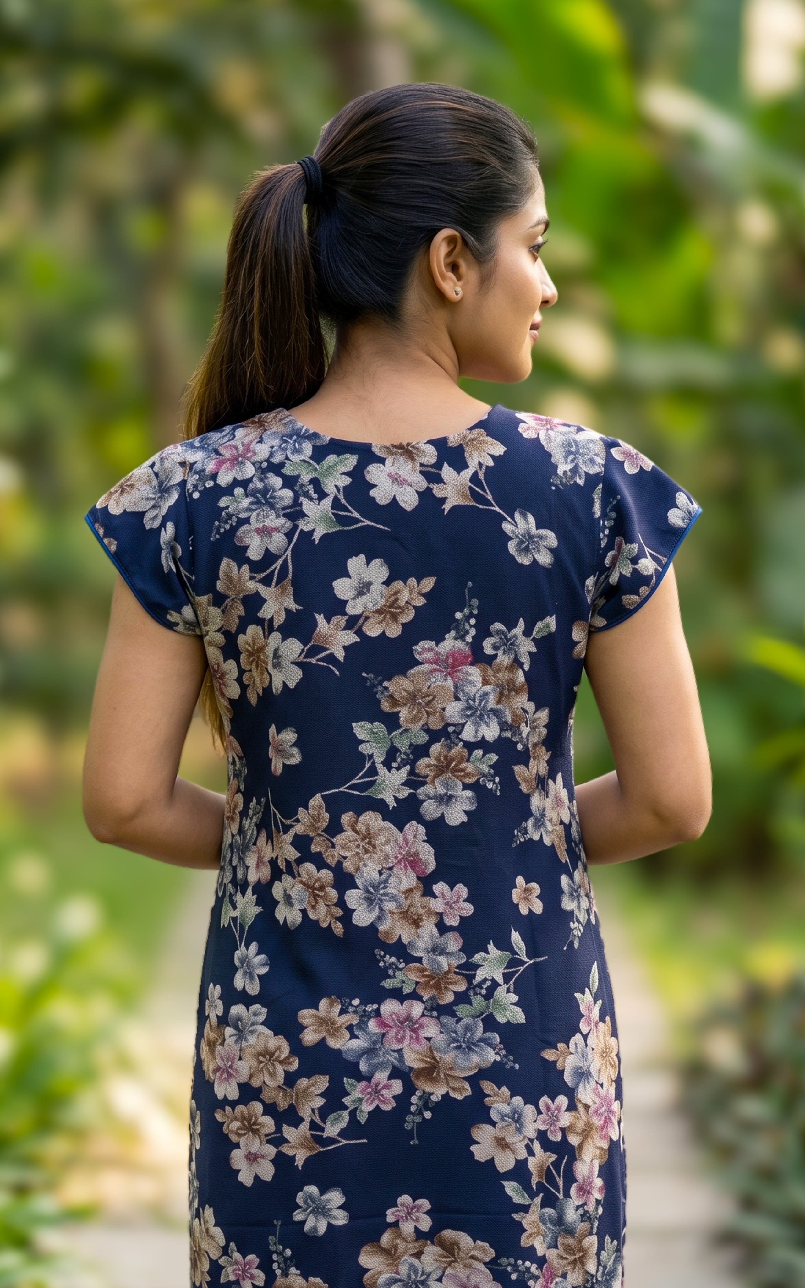 Instore - Blue Floral Print Cotton Long Nighty with Side Pocket, Relaxed Fit, Women's Sleepwear