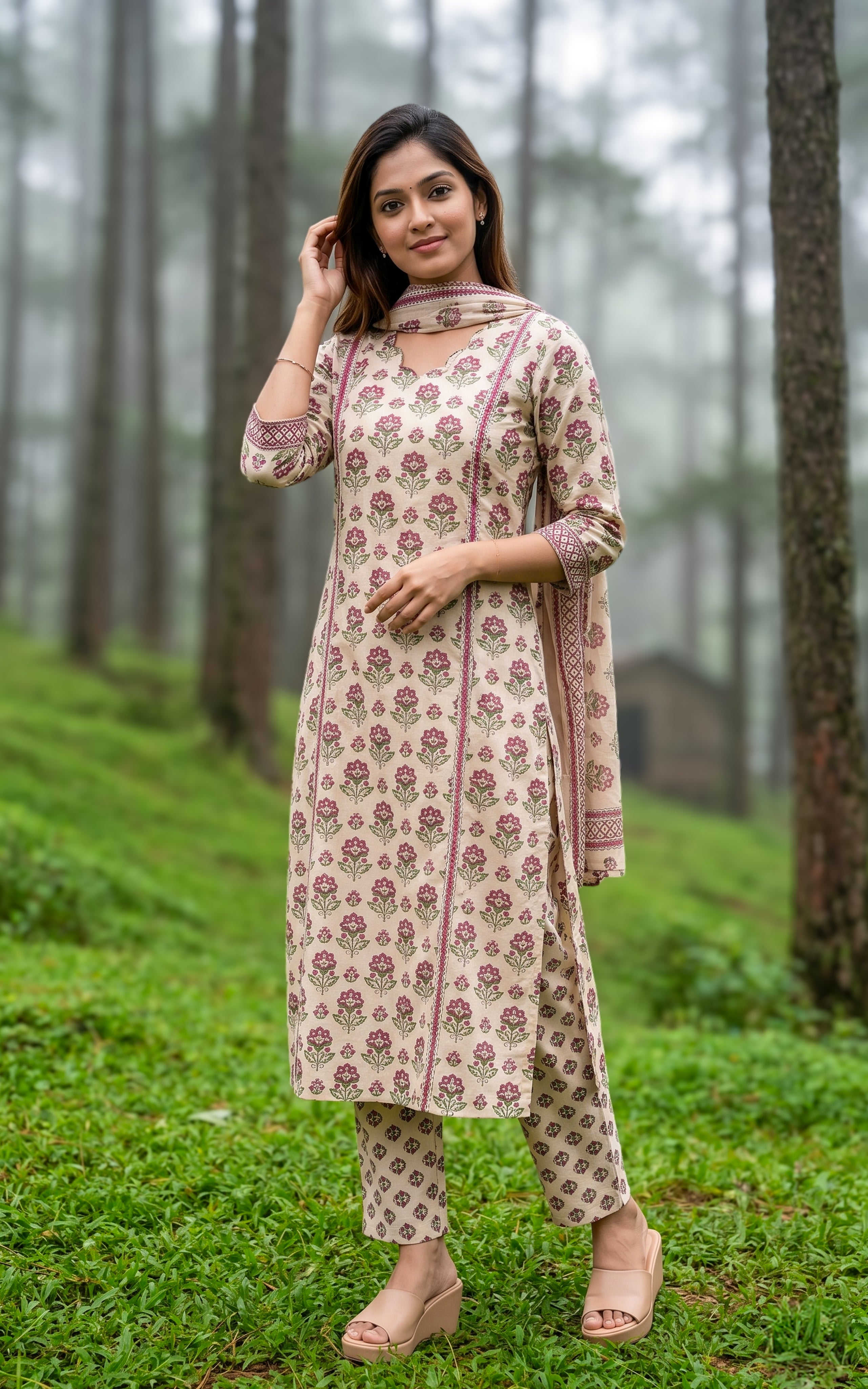 Instore - Beige Printed Cotton Straight Cut Kurti with Side Slit, Straight Pant with Side Pocket & Cotton Dupatta, No Lining