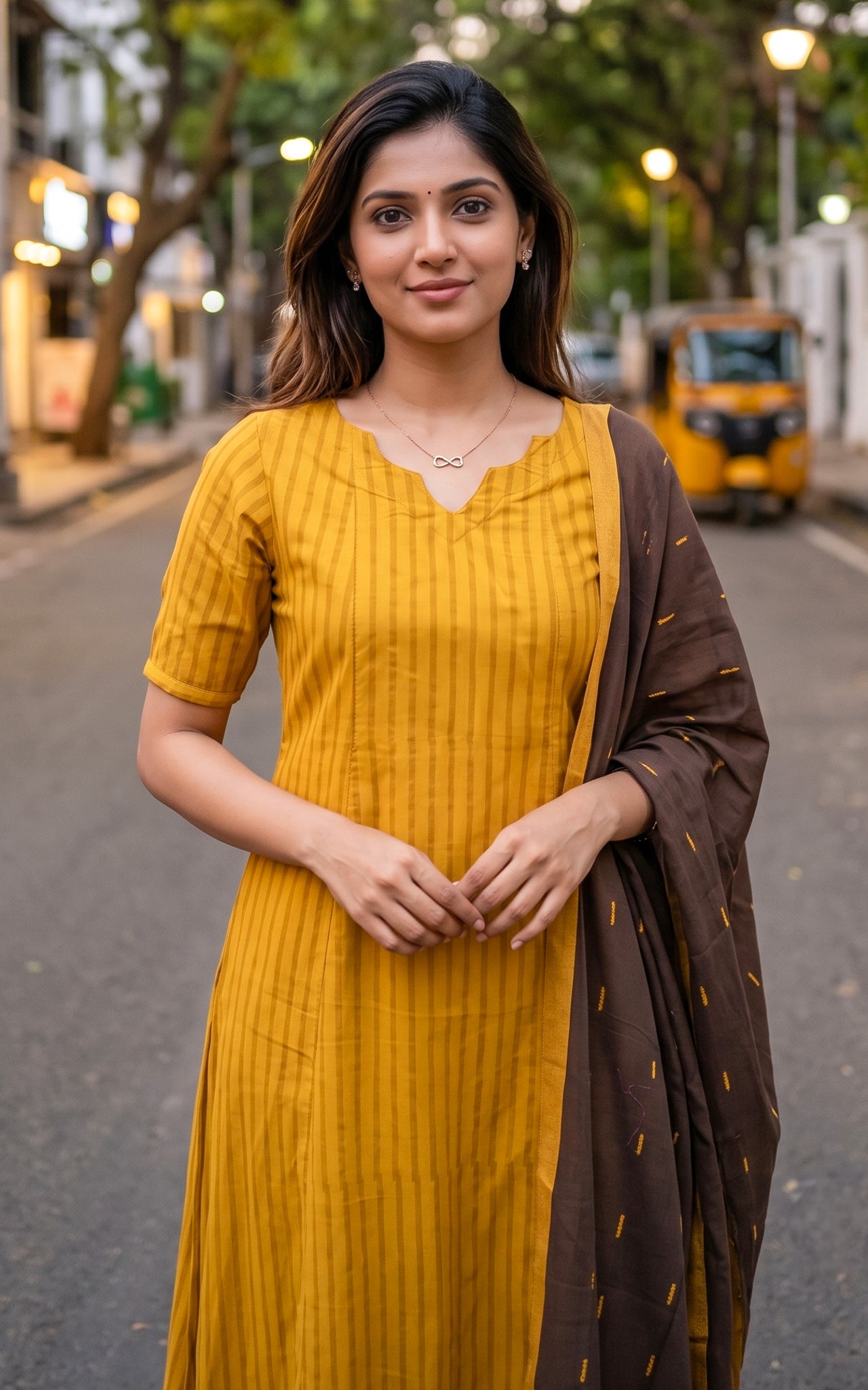 Mustard and Brown Cotton Kurti Dupatta for Women