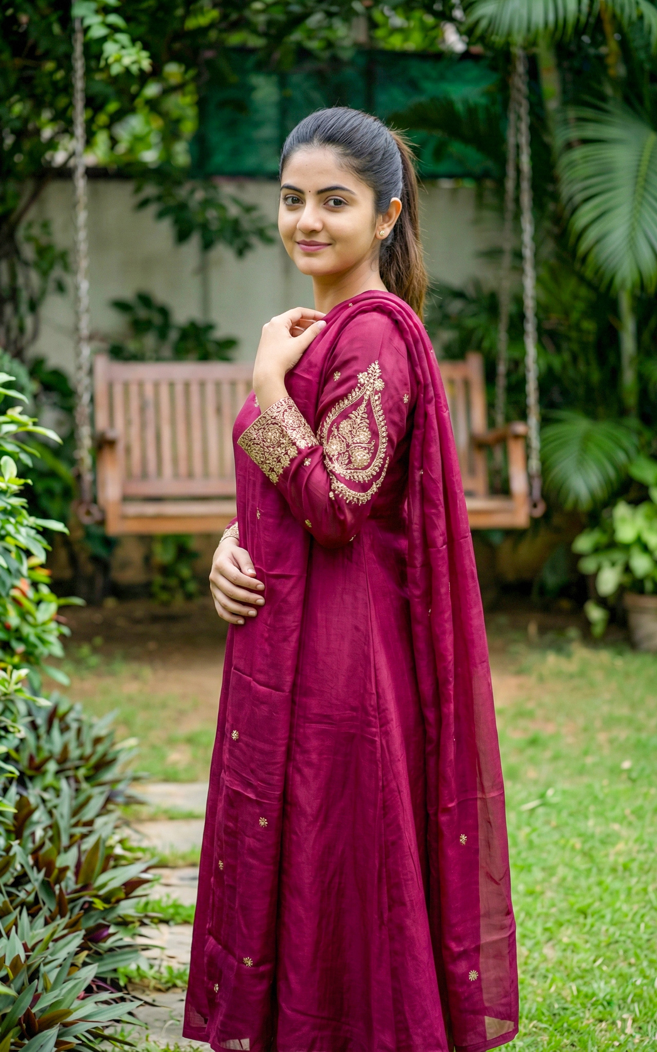 Instore - Wine Art Silk V Neck Sequence Embroidery Aline Kurti with Side Slit & One Side Pocket with Art Silk Dupatta