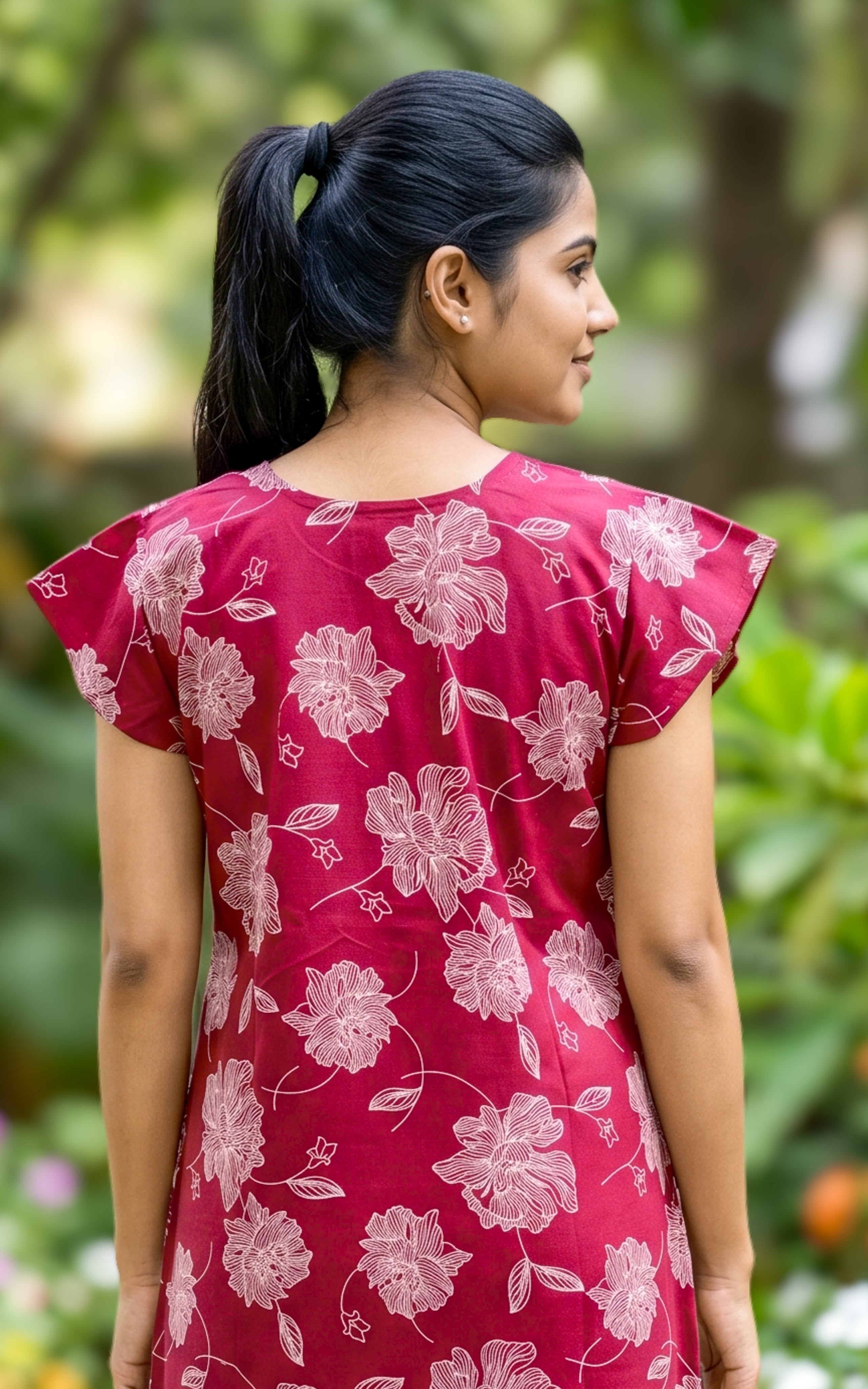 Instore - Red Floral Print Cotton Long Nighty with Button Placket, Side Pocket, Relaxed Fit, Women's Sleepwear