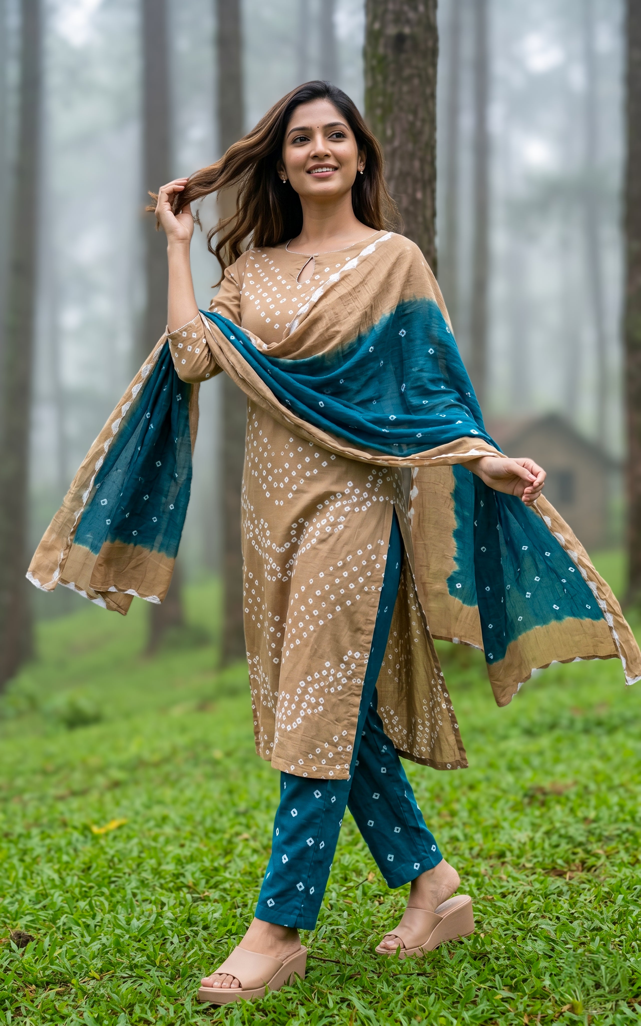 Instore – Khaki Brown Rithushka Kurti Pant Dupatta Set for Women – Cotton – Bandhani Printed – Ethnic Wear