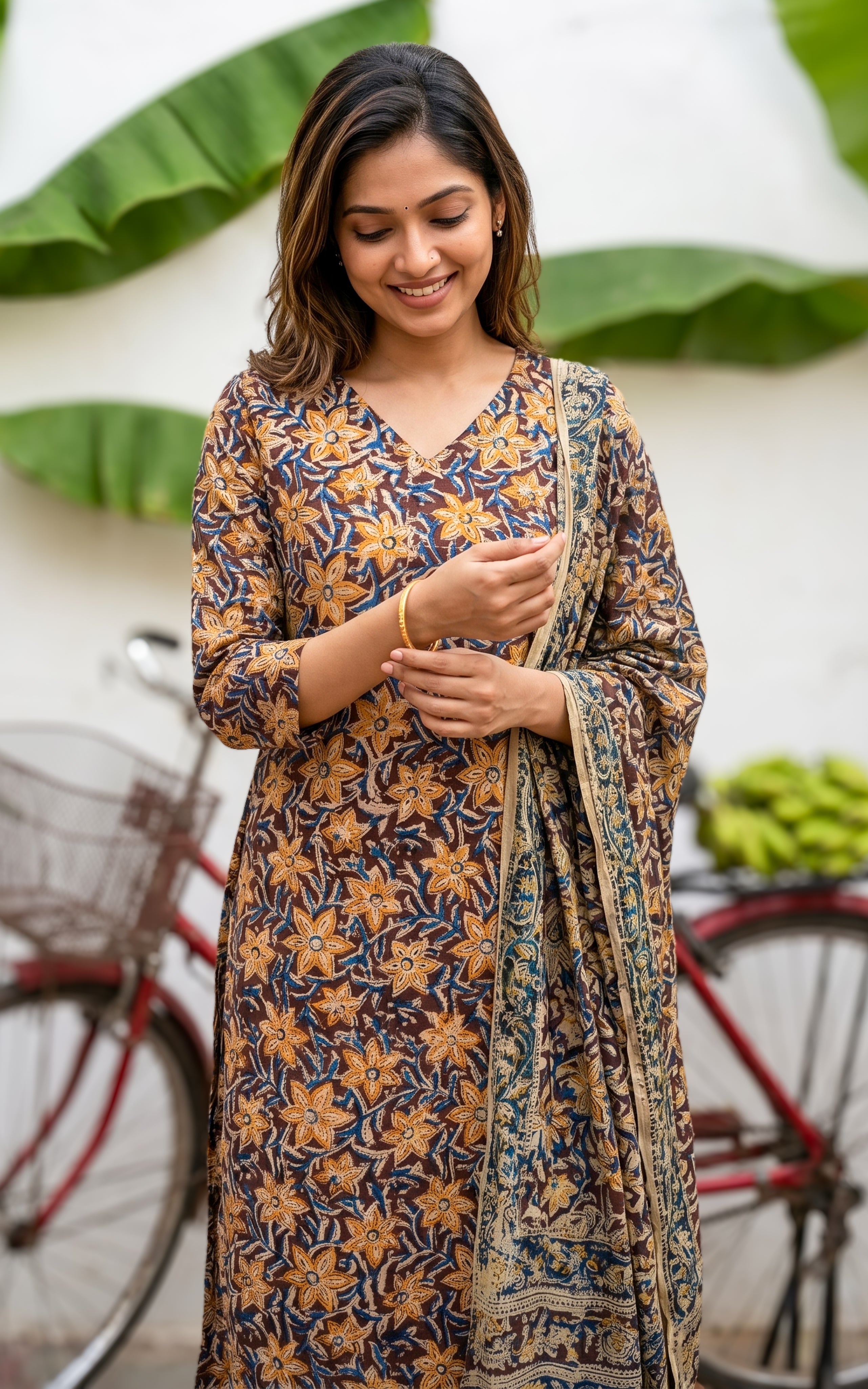 Brown Straight Cut Kalamkari Kurti Traditional Wear Women