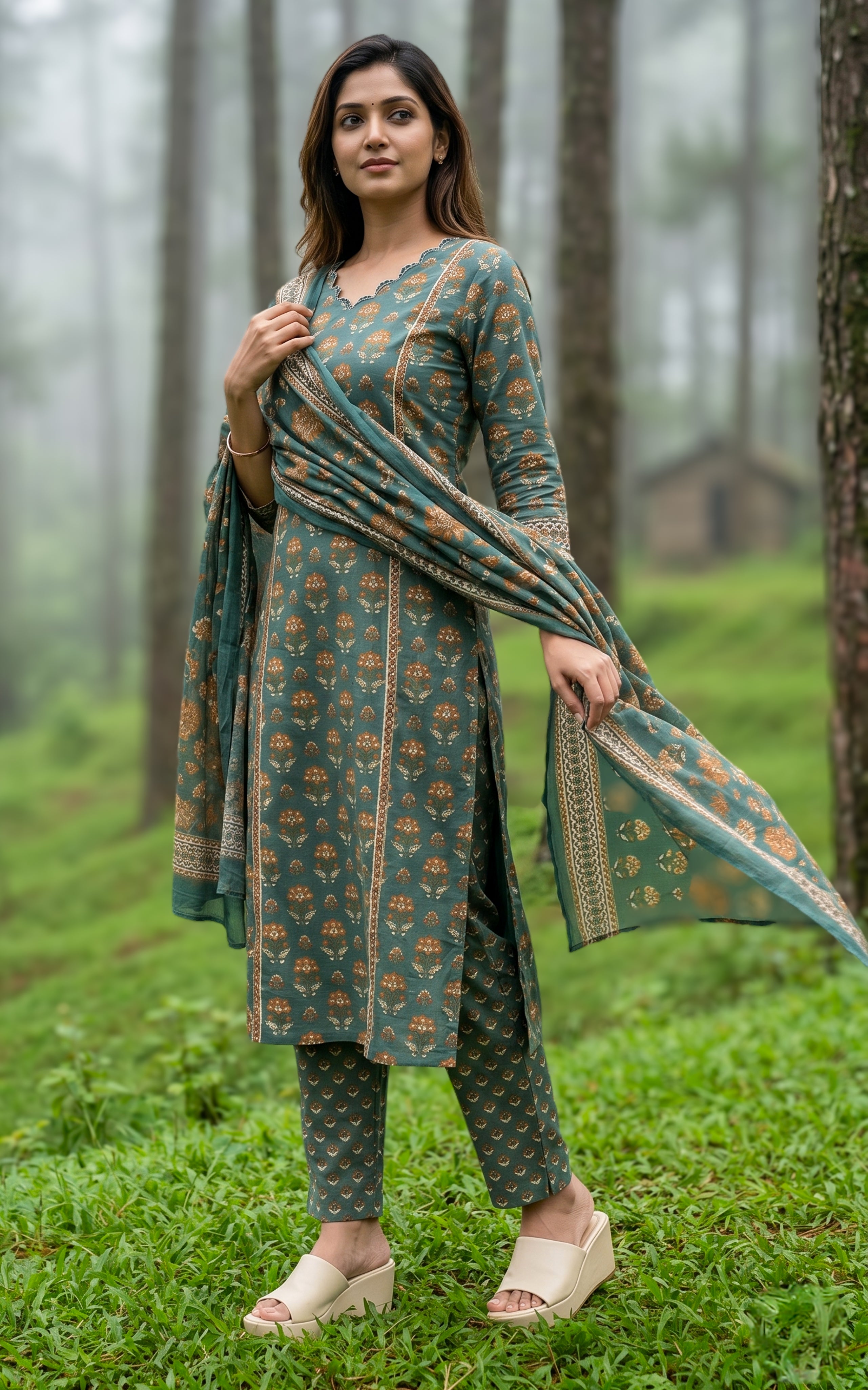 Instore - Green Printed Cotton Straight Cut Kurti with Side Slit, Straight Pant with Side Pocket & Cotton Dupatta, No Lining