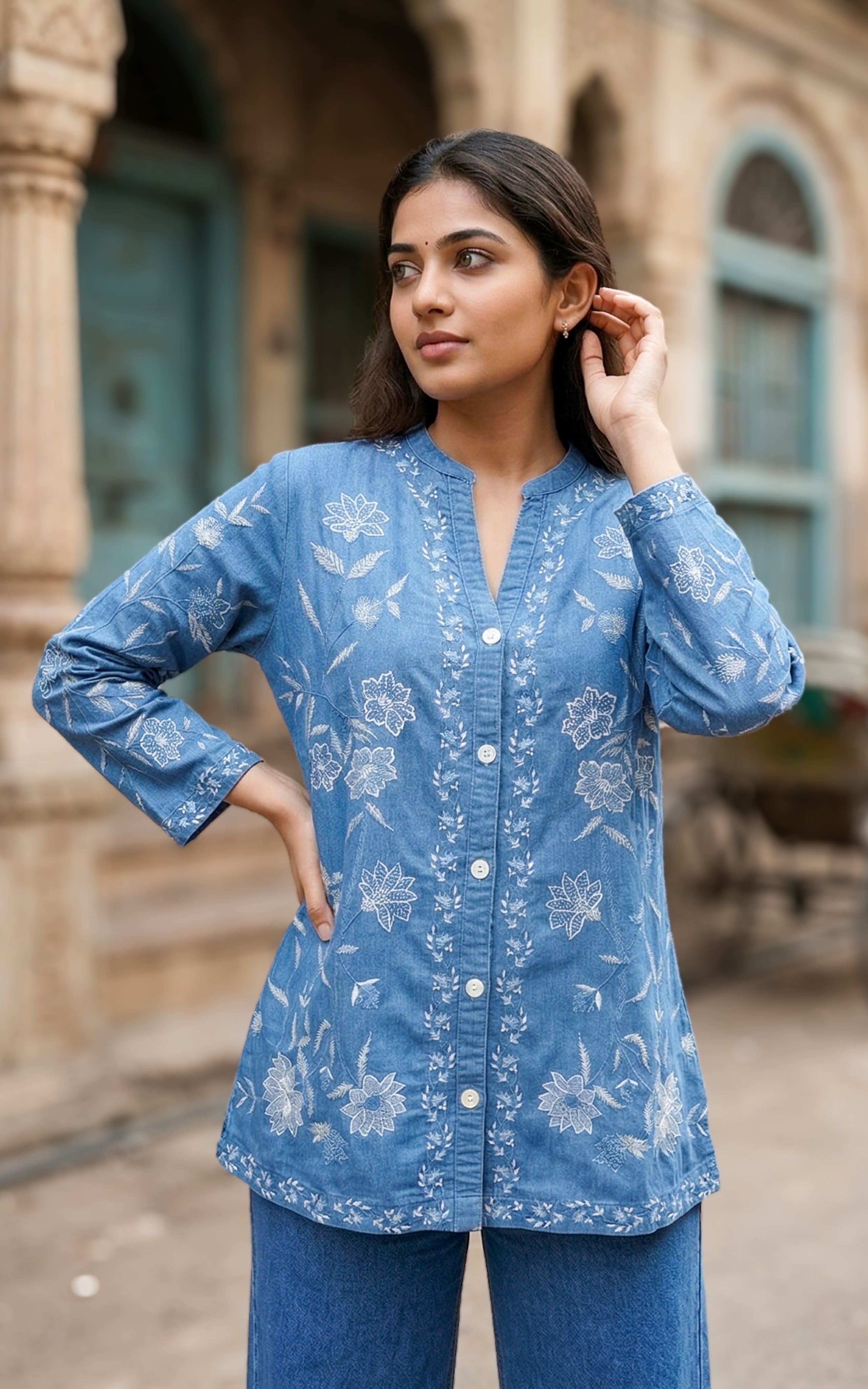 Instore - Blue Color Denim Short Top with Embroidery and Mandarin Collar Featuring Front Open Button