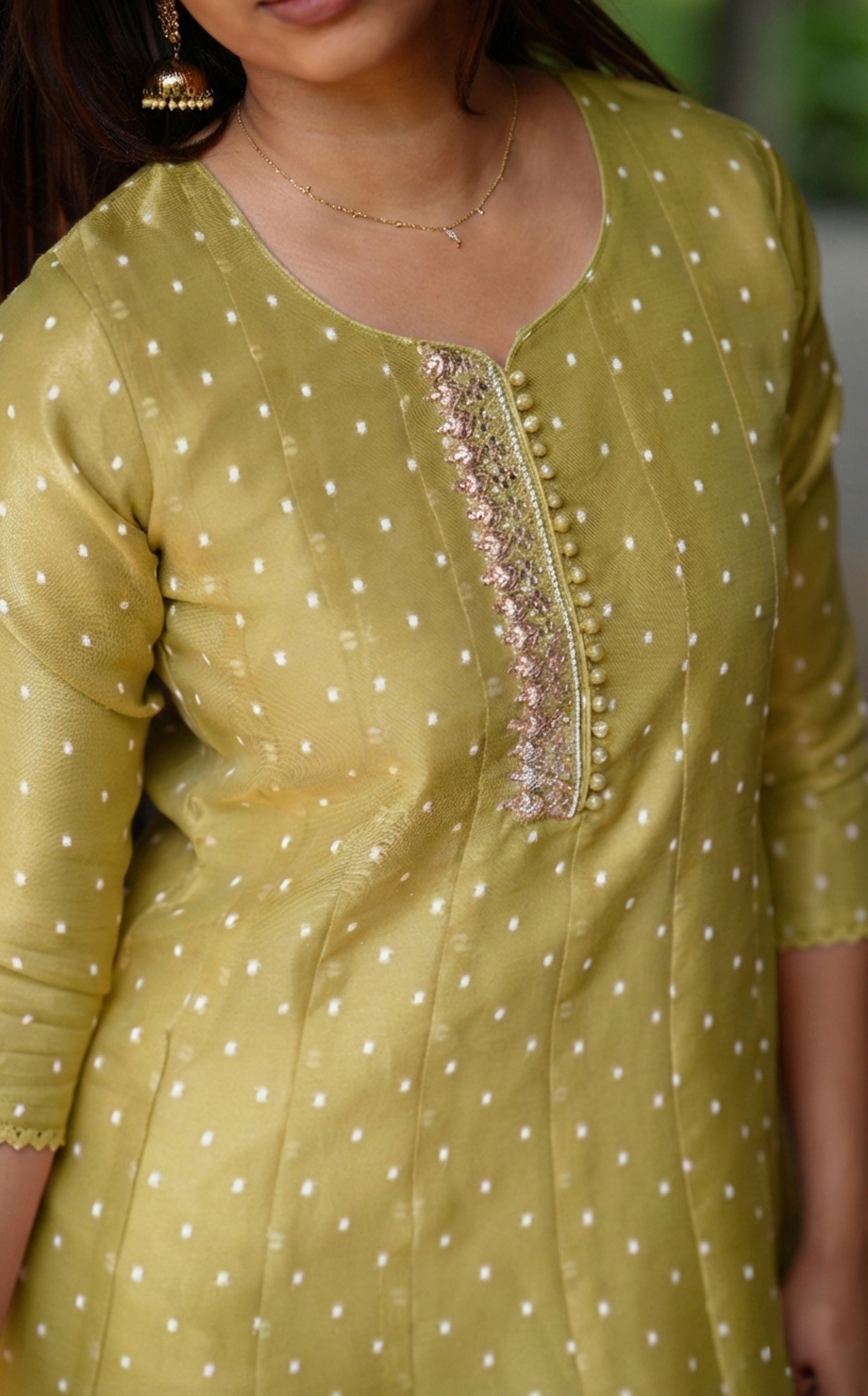 Instore - Pista green Chanderi A-line kurti with Zari Embroidery & Butter Crepe Lining