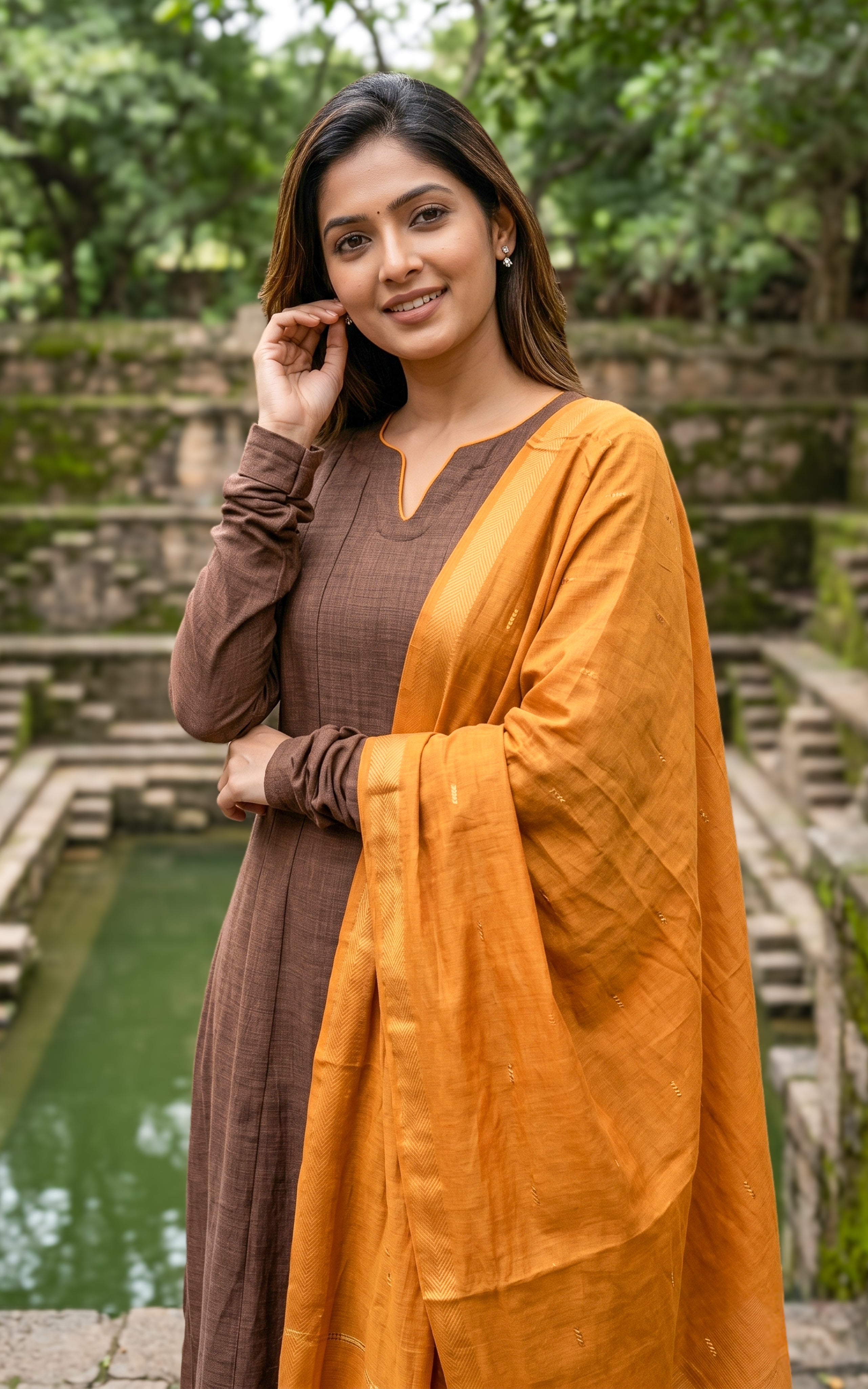 Instore - Brown Color Thick Slub Synthetic Anarkali with Gathered Sleeves, Paired with Handloom Dupatta