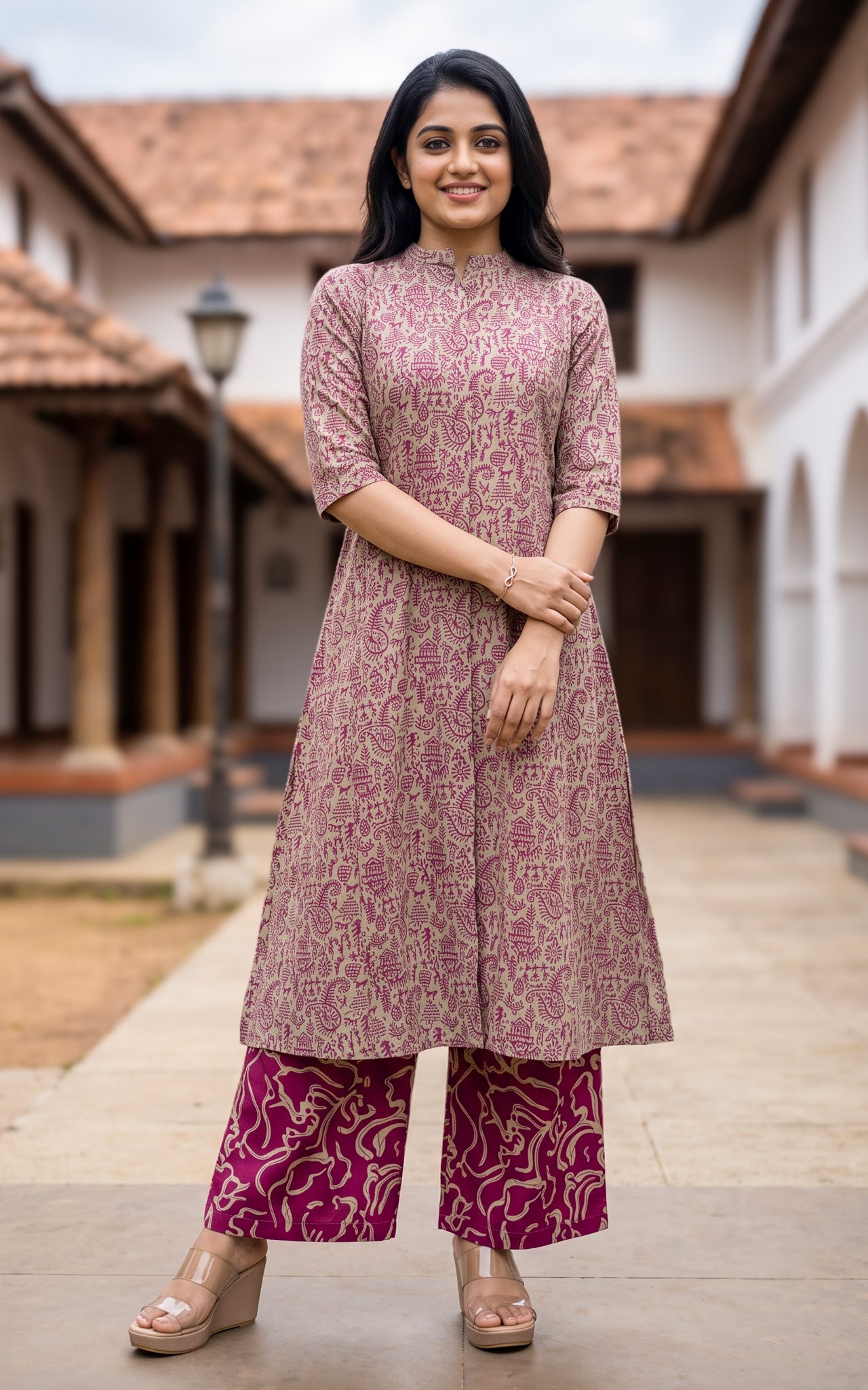 Burgundy and Beige Cotton Flex Kurti Set for Women