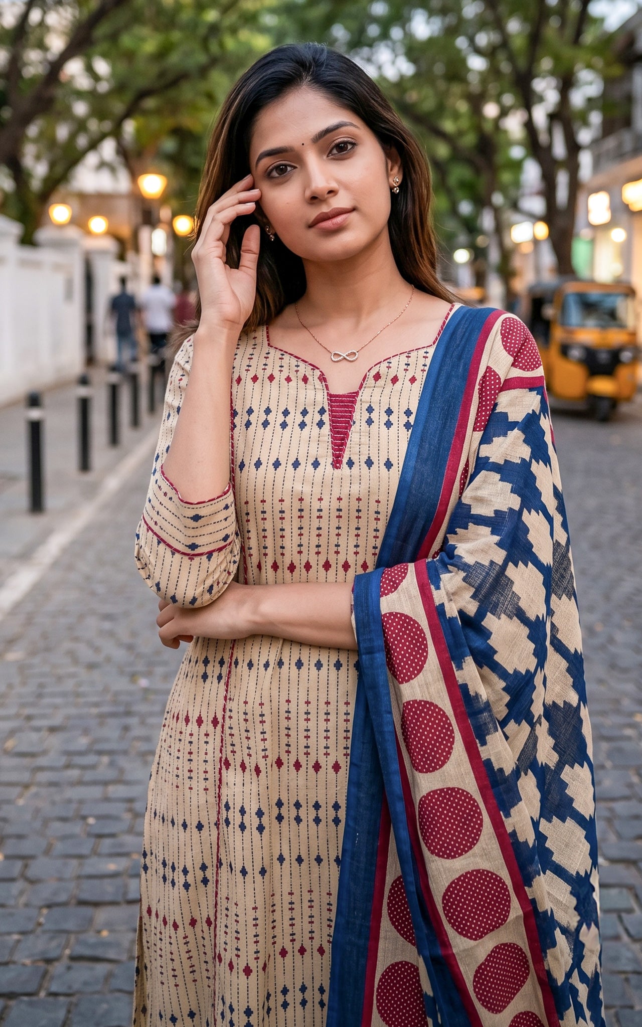 Beige and Blue Cotton Casual Wear Kurti Dupatta for Women