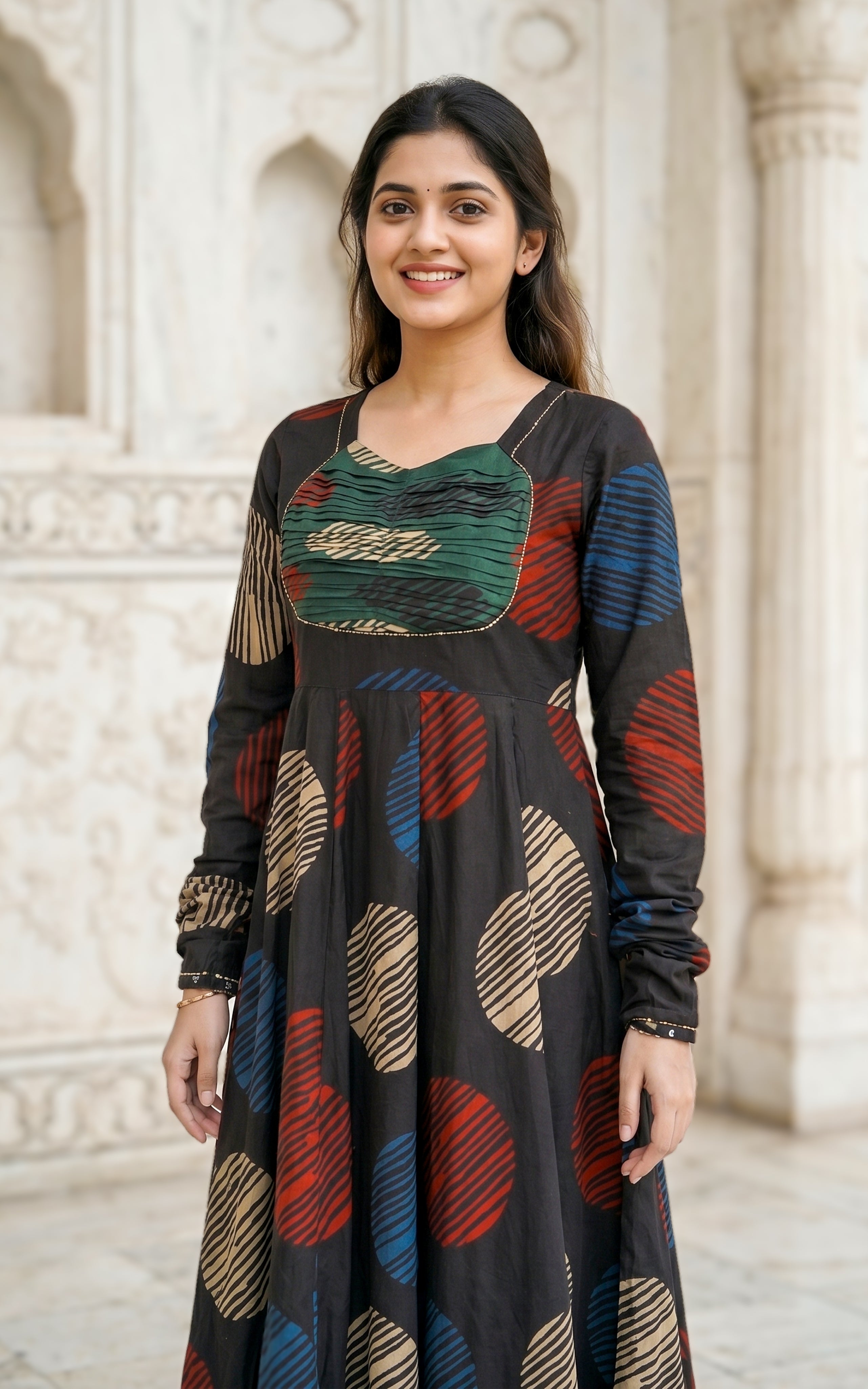 Instore - Black Color Printed Cotton Flared Anarkali Kurti with Line Embroidery & Sweetheart Neck with Gathered Sleeve