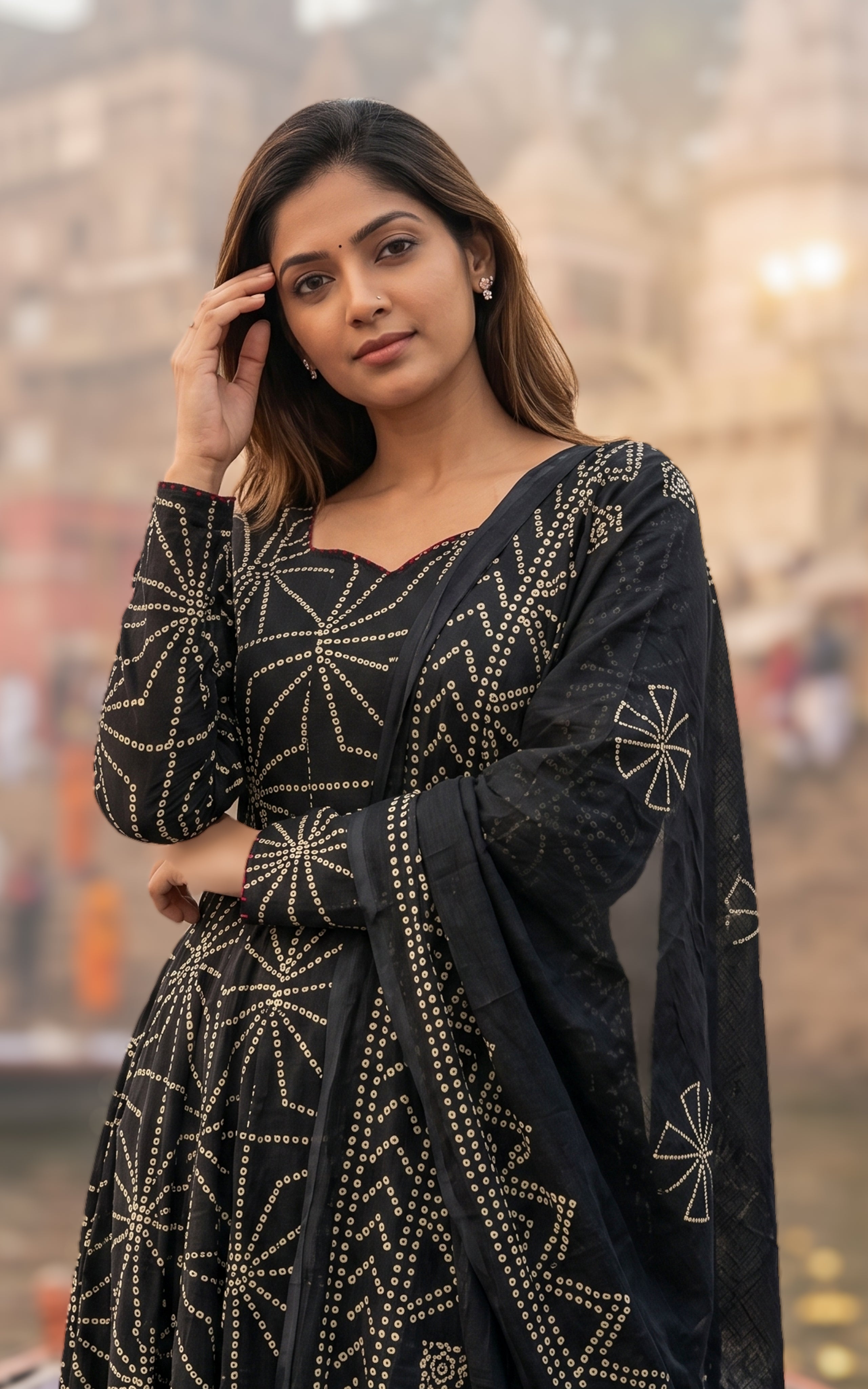 Bandhani Printed Cotton Kurti Set For Women