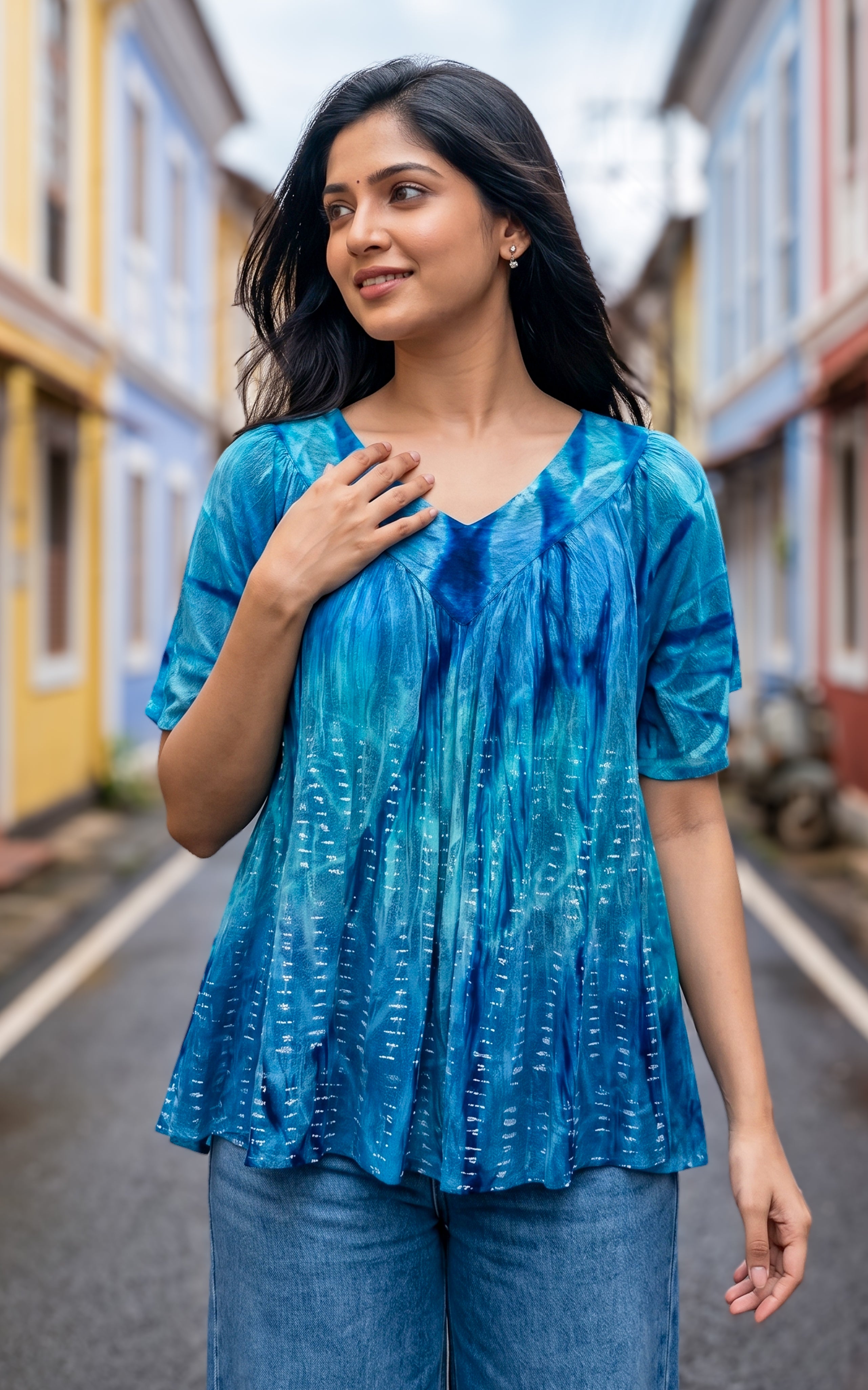 Blue viscose short top for women