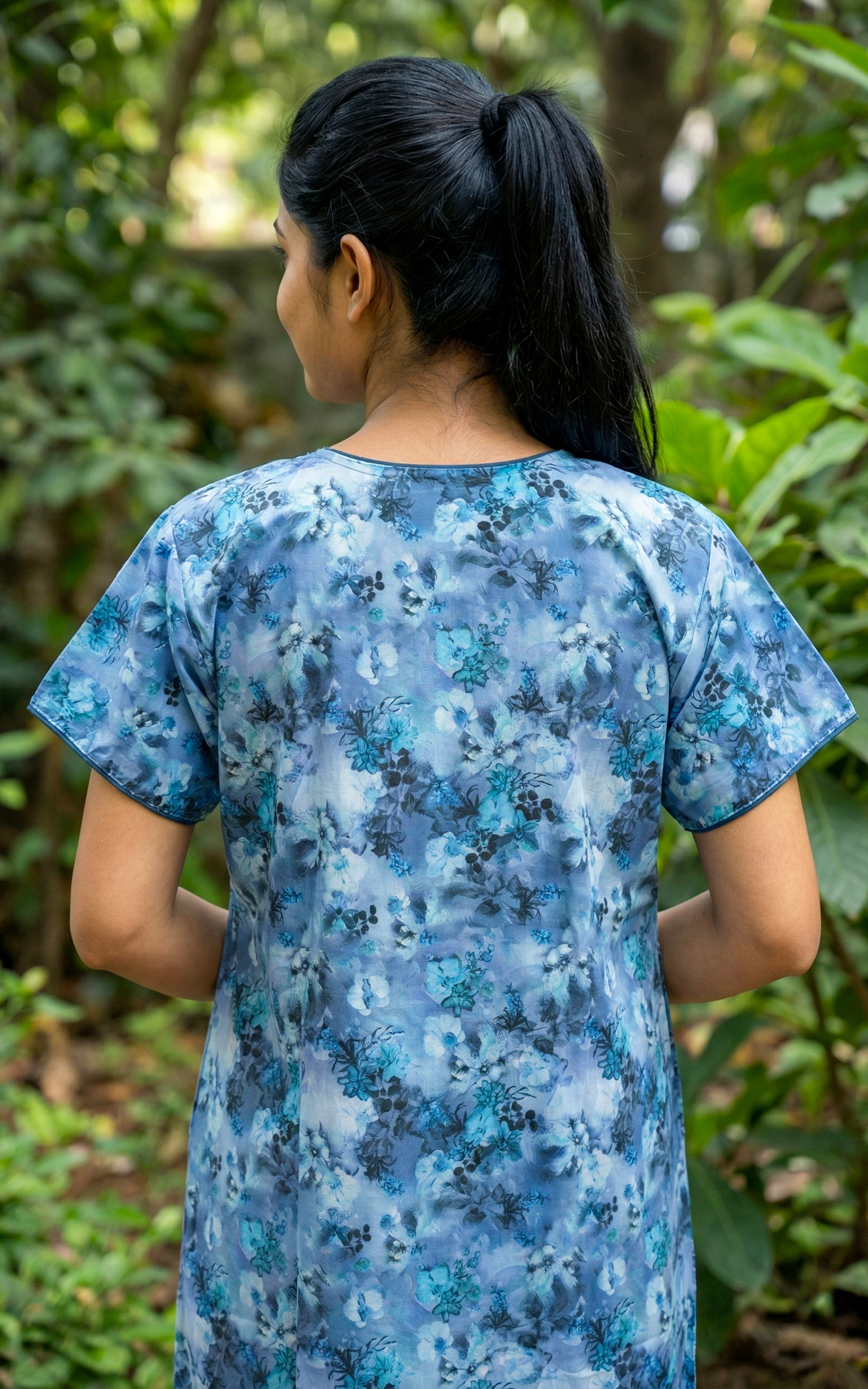 Instore – Sky Blue Cotton Long Nighty, All-Over Floral Print, Round Neck with Contrast Placket & Button Detailing, Straight Fit, Women's Sleepwear