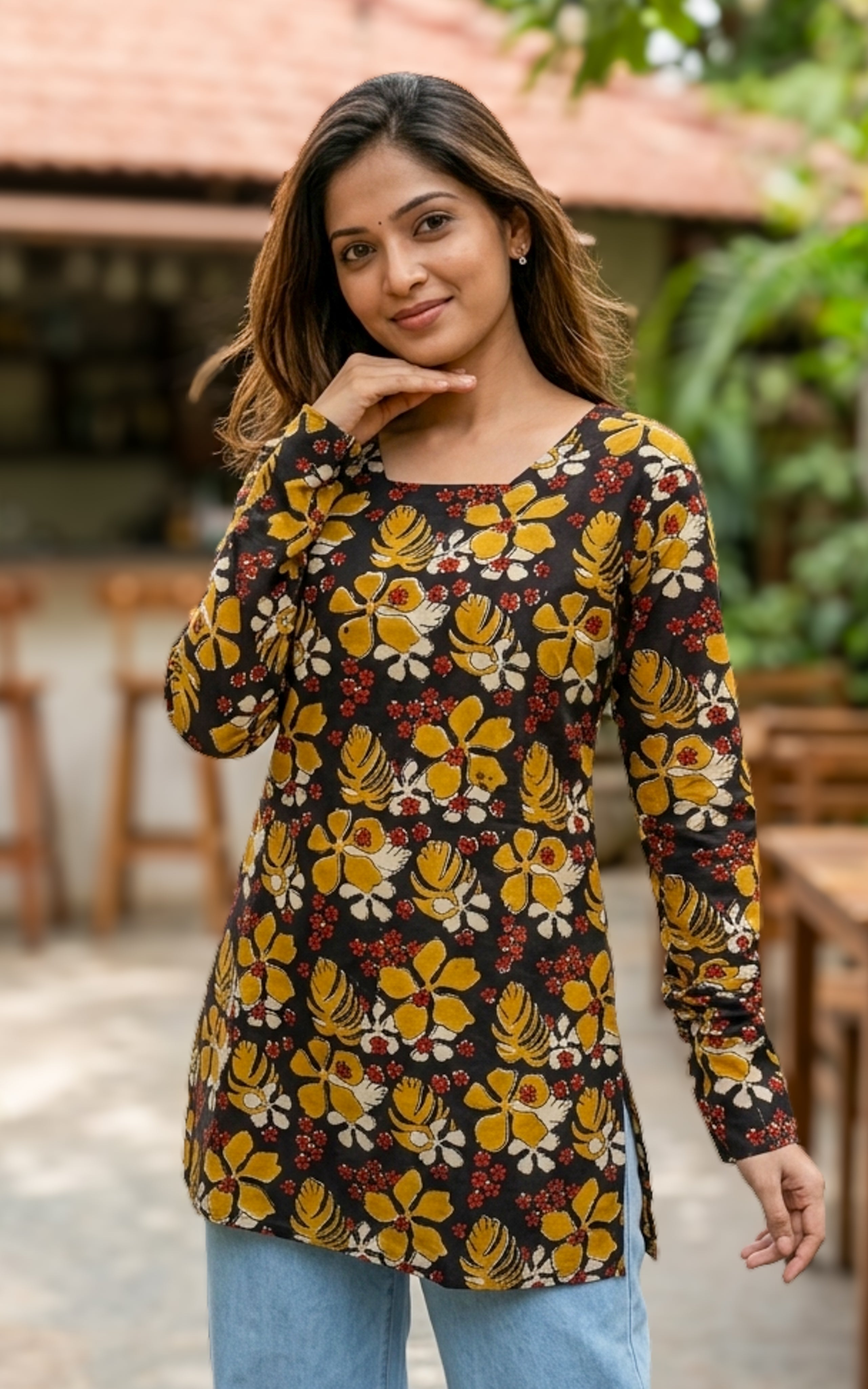 Instore – Handblock Printed Cotton Short Straight Cut Kurti for Women – Gathered Sleeves – Ethnic Wear