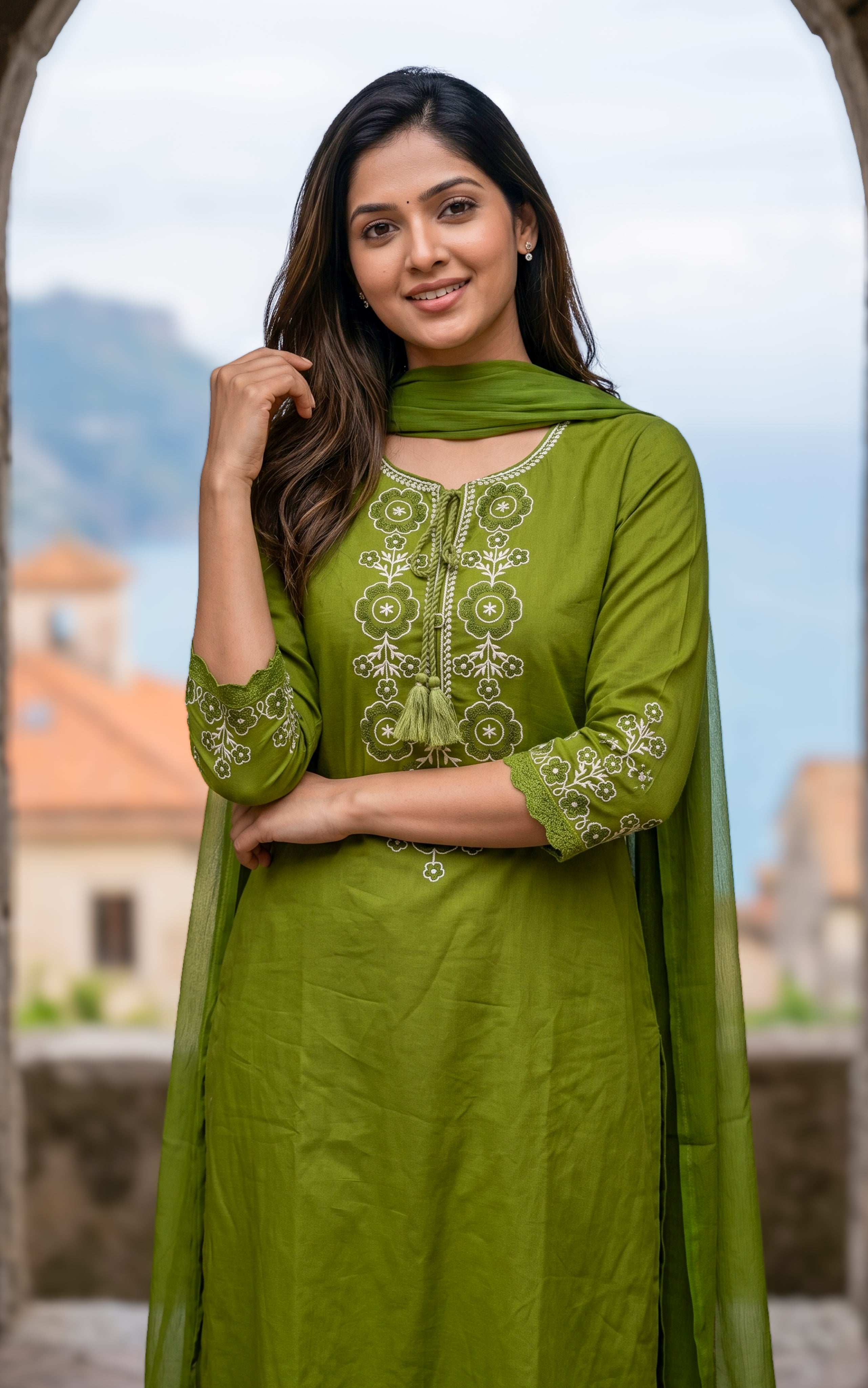 Green straight cut cotton kurti for women