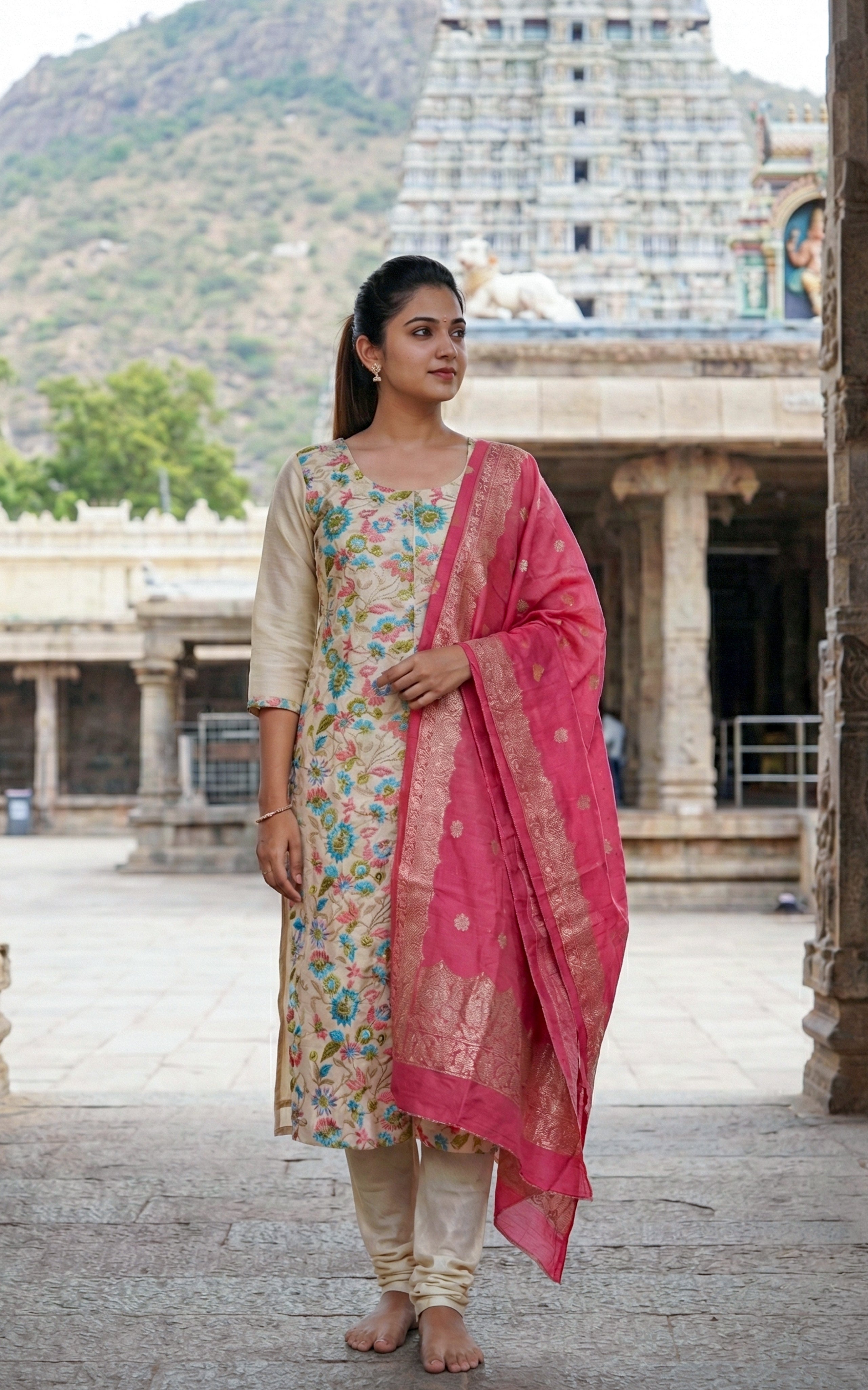 Instore - Beige Color Chanderi Silk Straight Cut Kurti with Side Slit & Floral Embroidery and Contrast Zari Dupatta