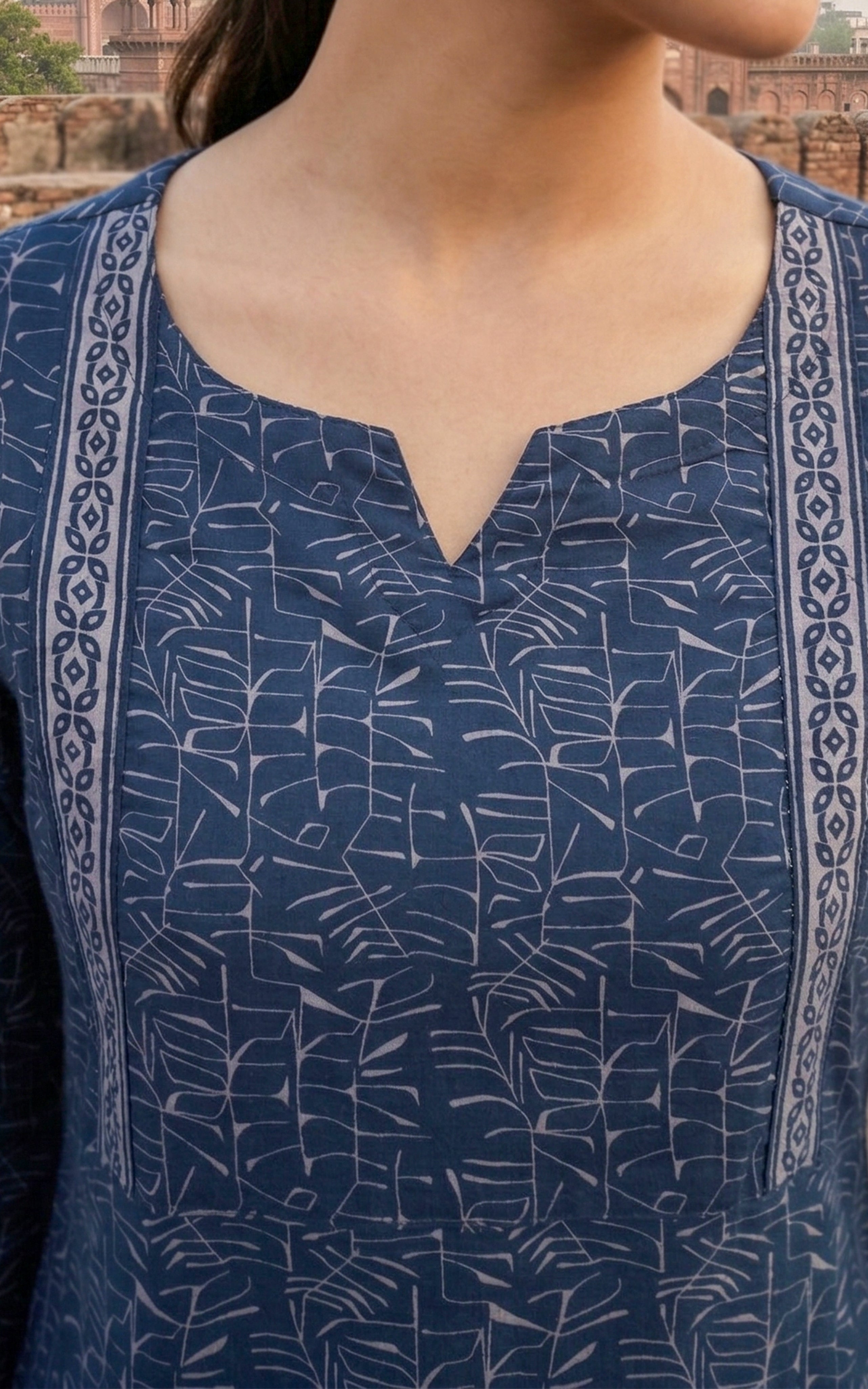 Instore - Navy Blue Color Cotton Printed Aline Kurti with Bell Sleeves and One Side Pocket, No Lining