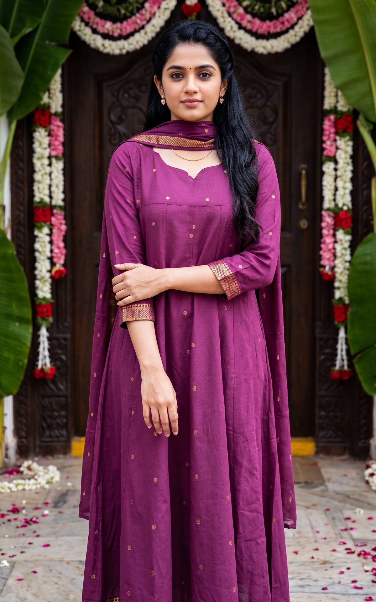 Plum Cotton Anarkali Kurti with Handloom Cotton Dupatta for Women