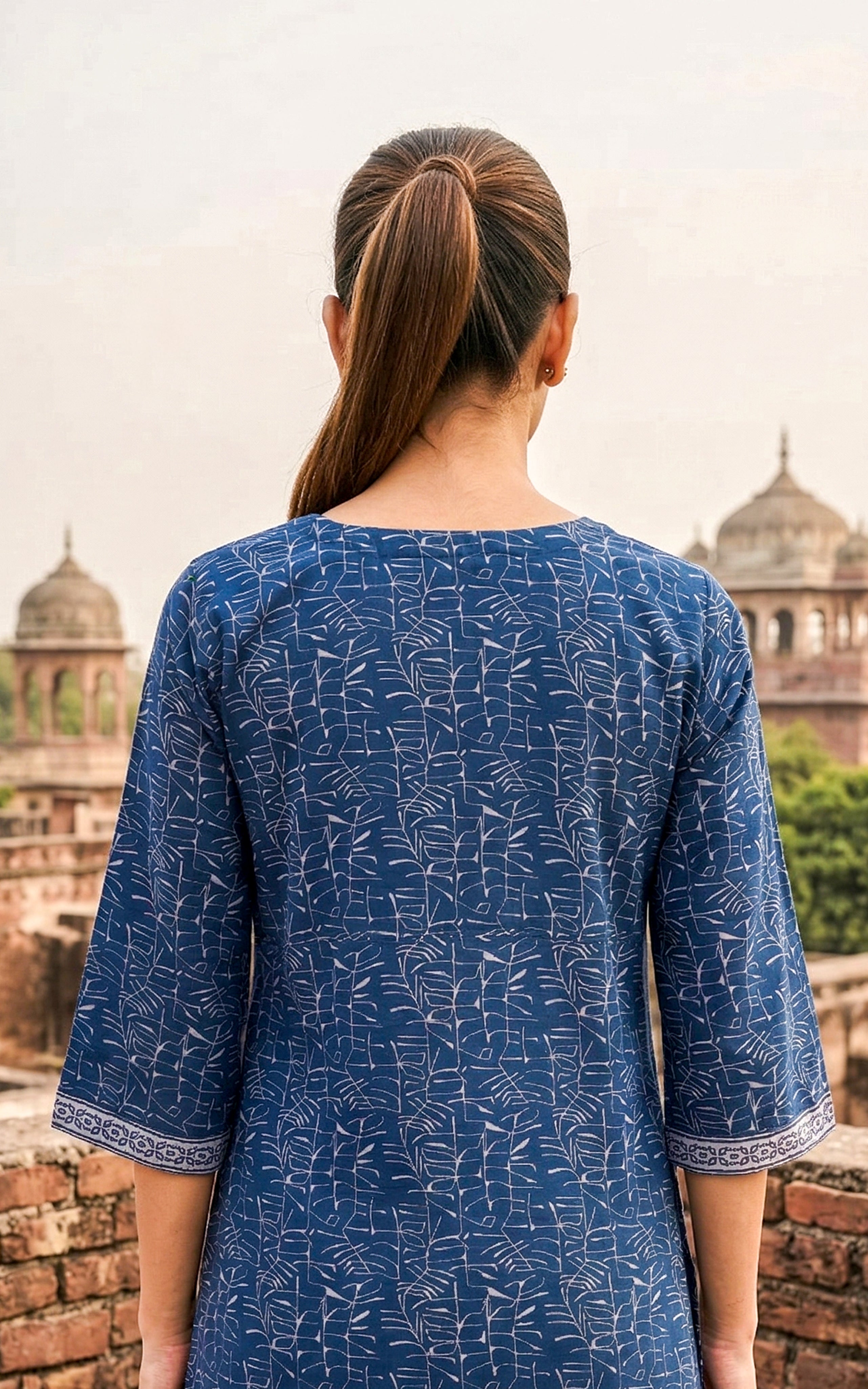 Instore - Navy Blue Color Cotton Printed Aline Kurti with Bell Sleeves and One Side Pocket, No Lining