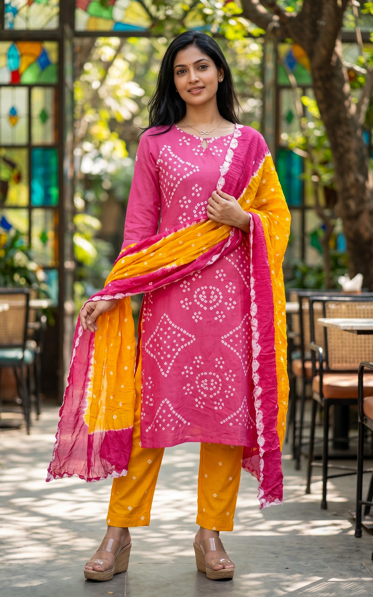 Pink and Mustard Yellow Cotton Office Wear Kurti Set for Women