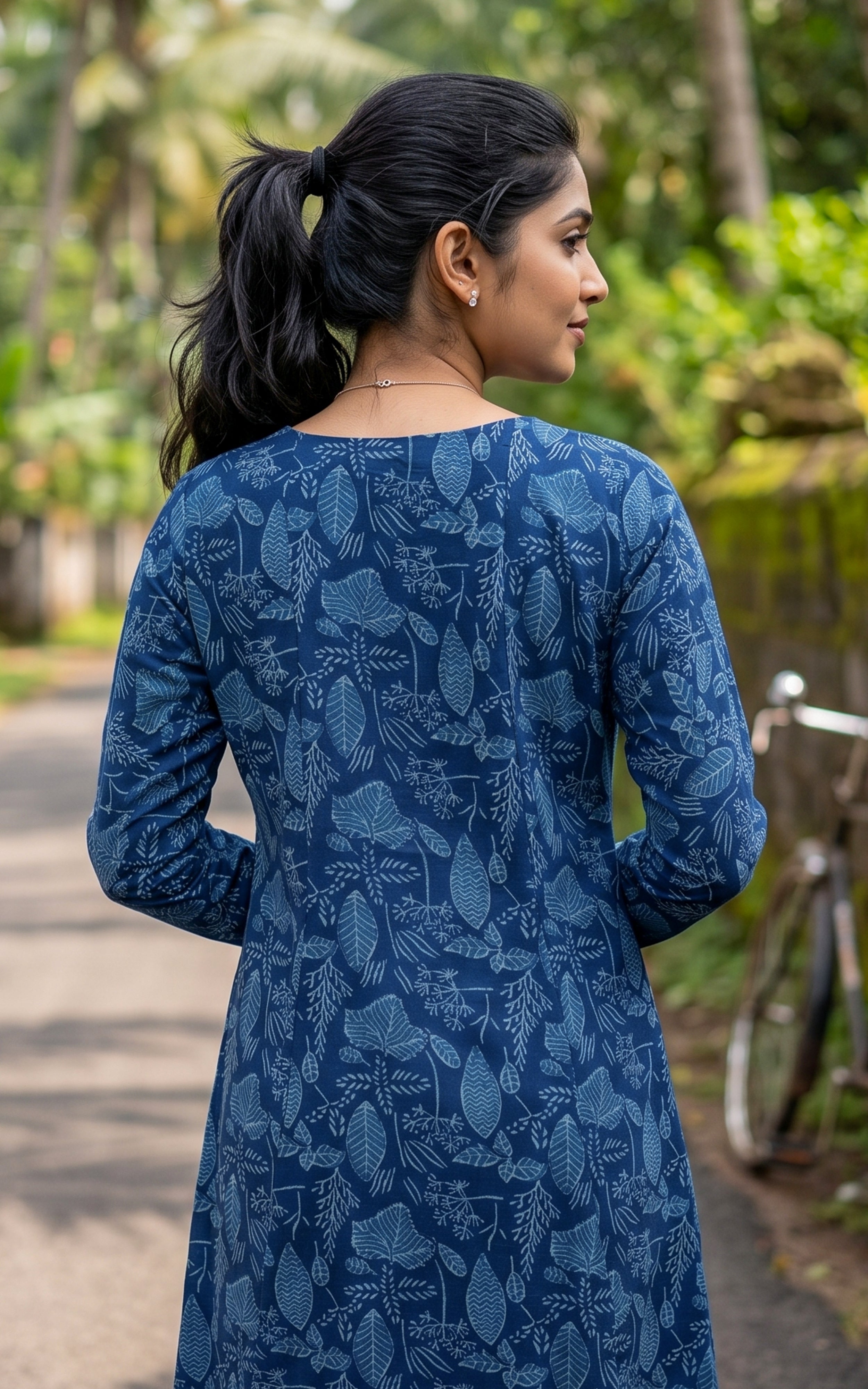 Indigo Blue Cotton Aline Kurti Featuring Gathered Sleeves for Women