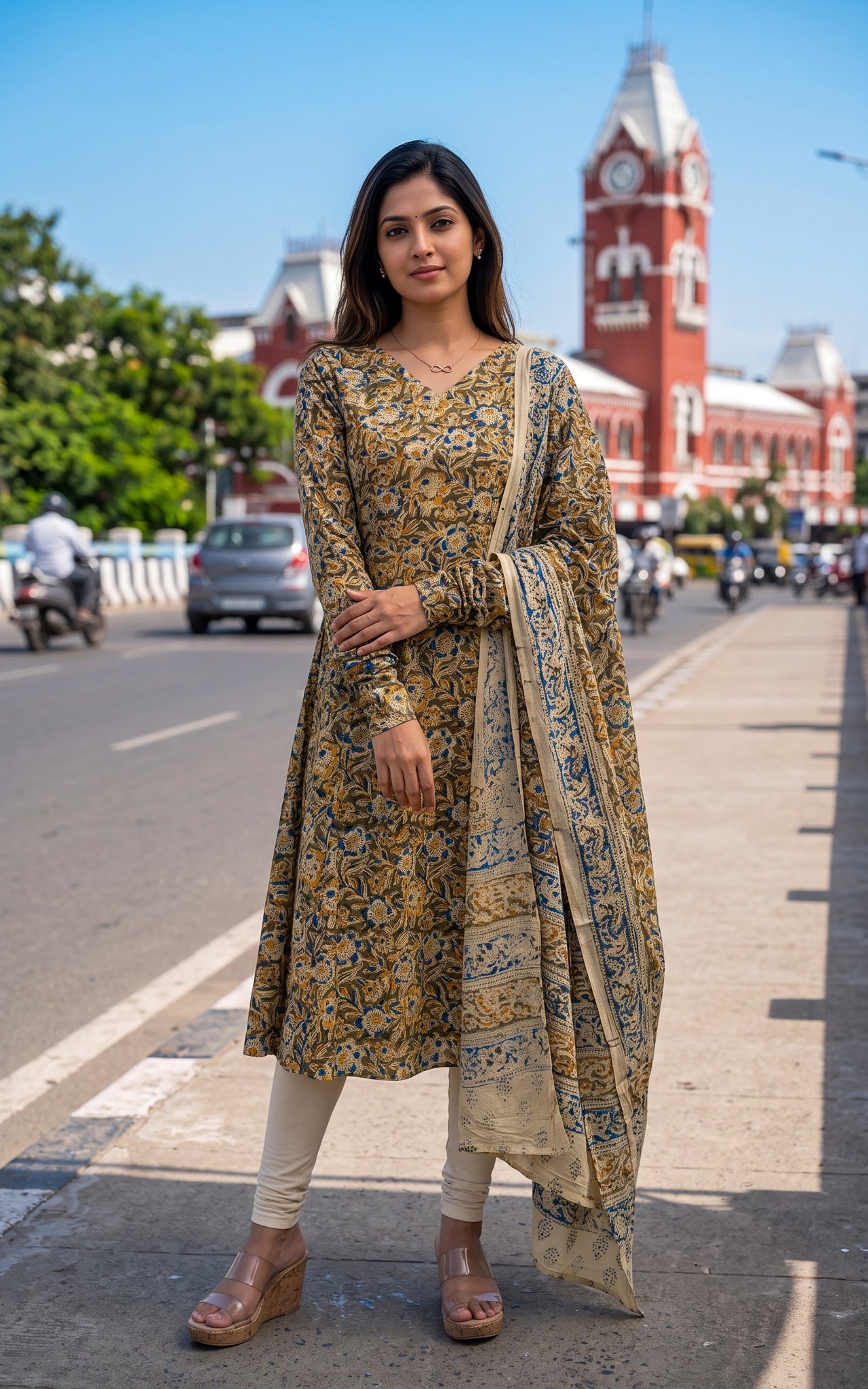 Mehandi Green Kalamkari Cotton Casual Wear Kurti Dupatta for Women