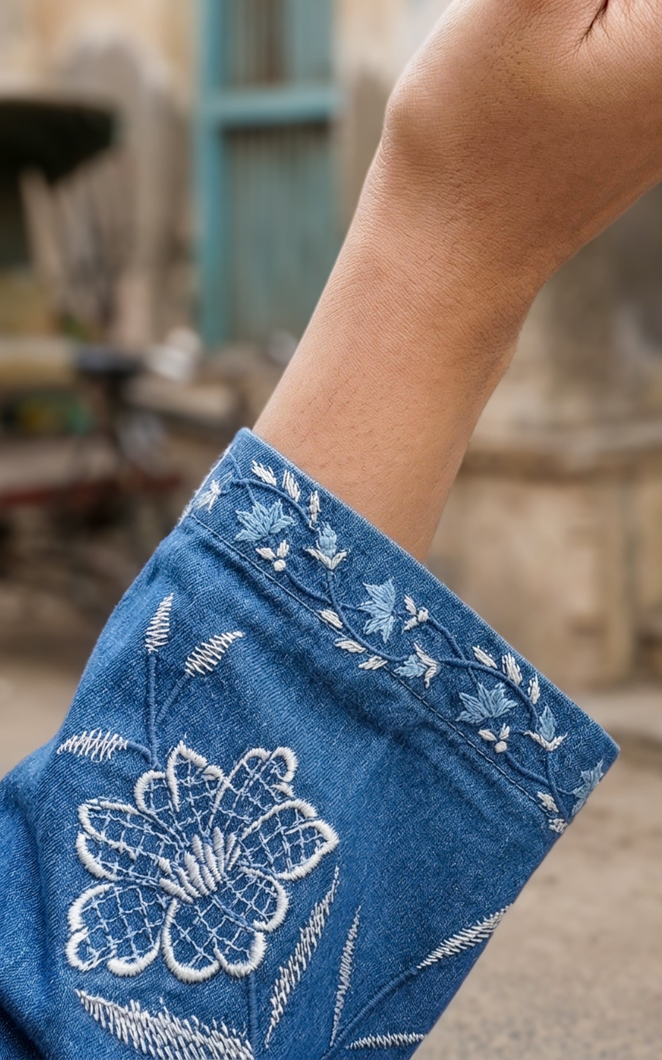 Instore - Blue Color Denim Short Top with Embroidery and Mandarin Collar Featuring Front Open Button