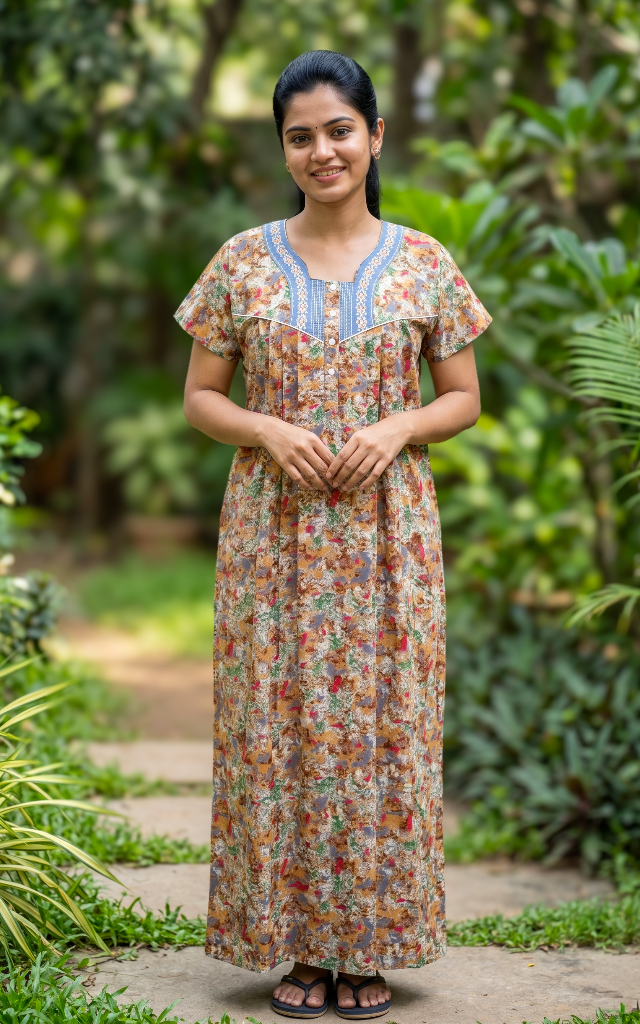 Instore - Multicolor Abstract Floral Print Cotton Long Nighty with Side Pocket, Relaxed Fit, Women's Sleepwear