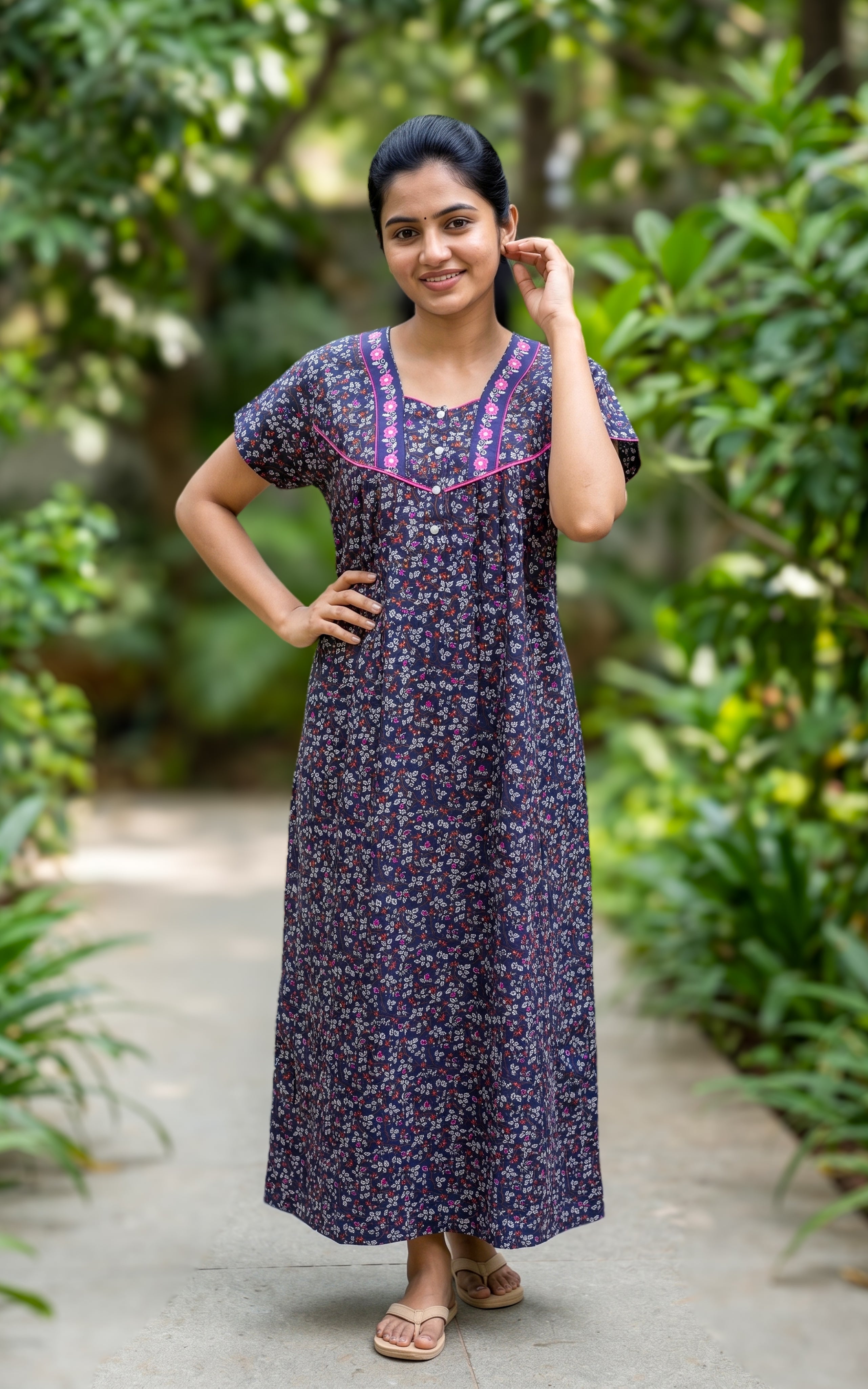 Instore - Navy Blue Small Floral Print Cotton Long Nighty with Embroidery Yoke, Side Pocket, Relaxed Fit, Women's Sleepwear