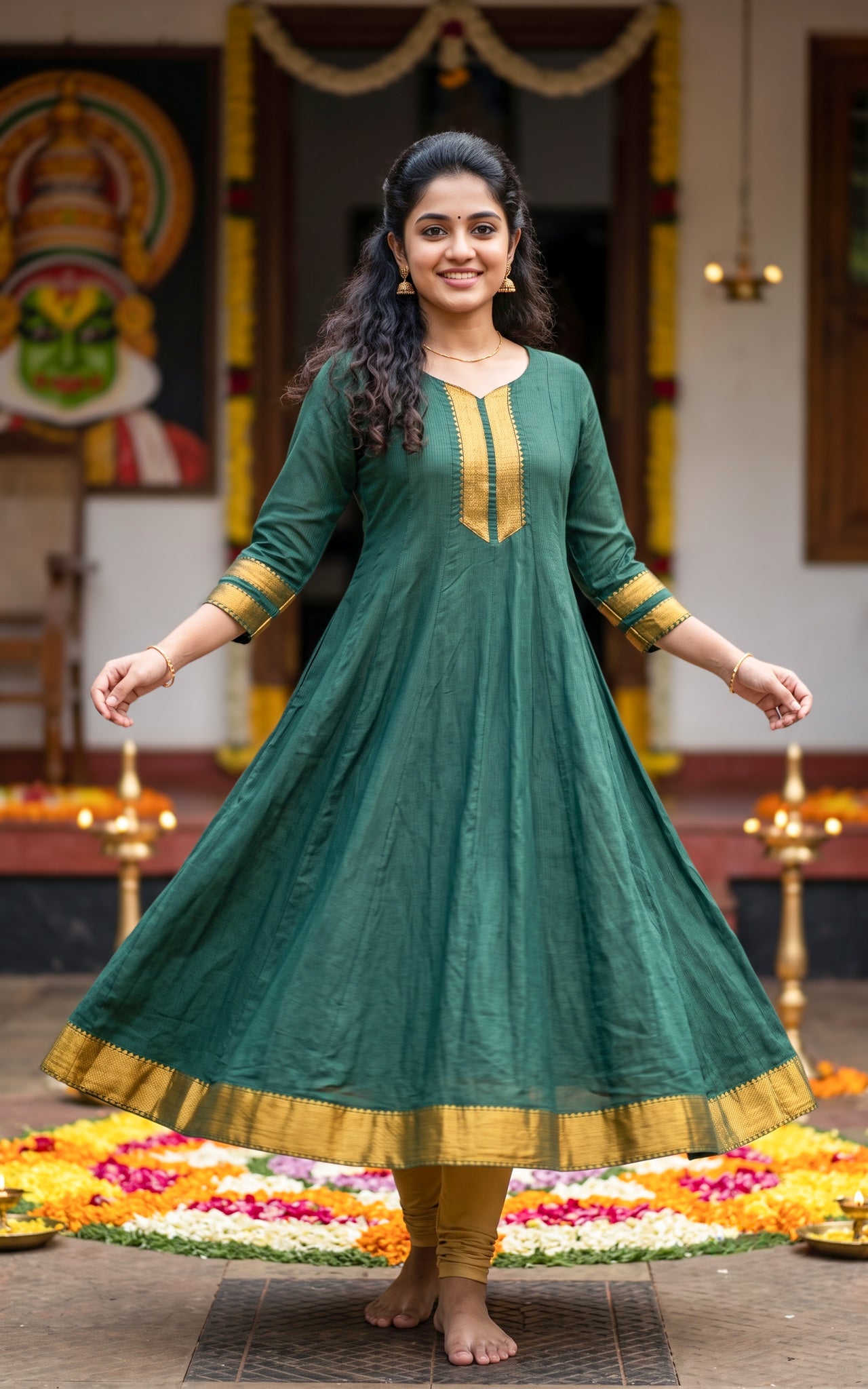 Green Blended South Cotton Kerala Onam Special Kurti for Women