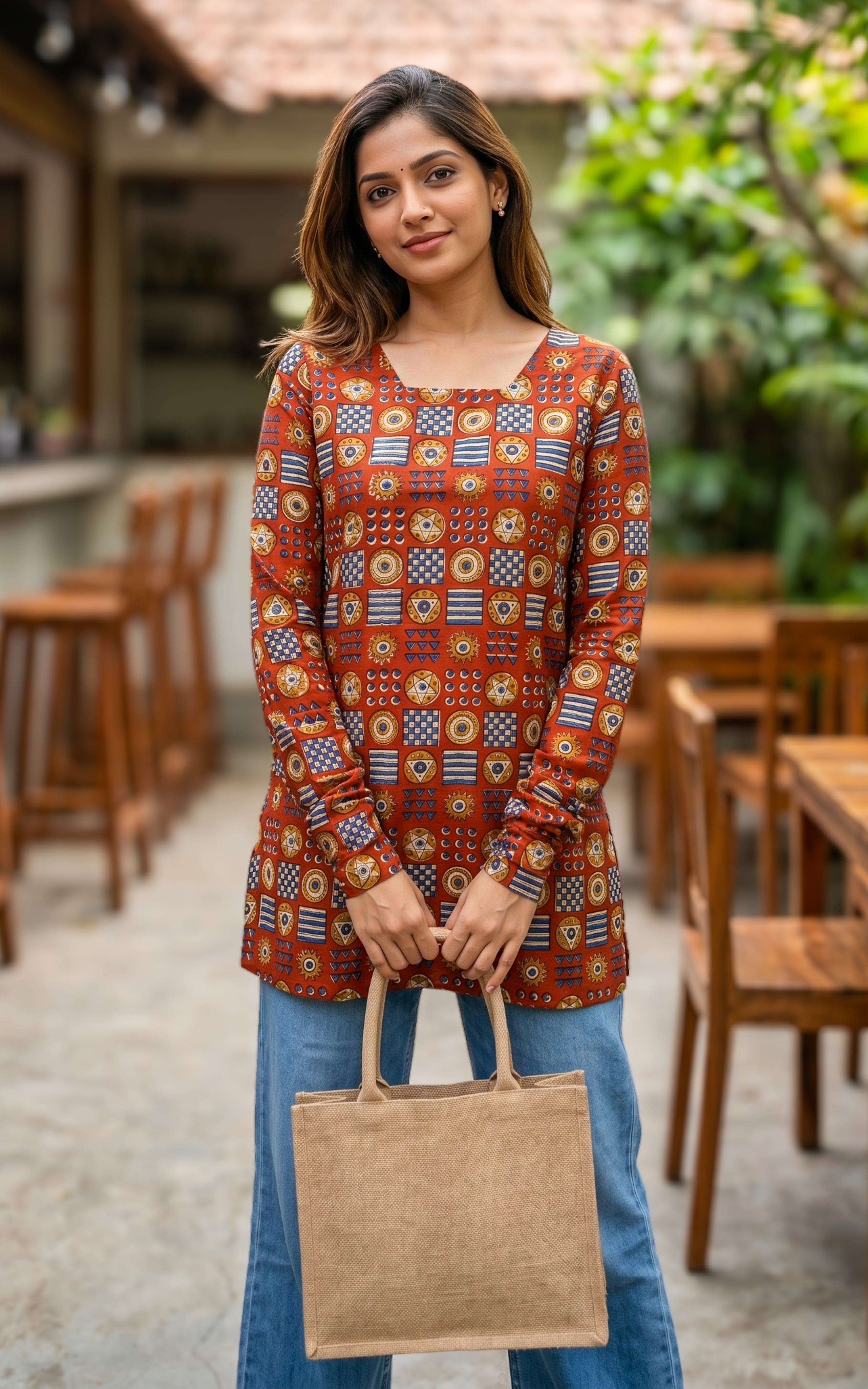 Instore – Handblock Printed Cotton Short Straight Cut Kurti for Women – Gathered Sleeves – Ethnic Wear