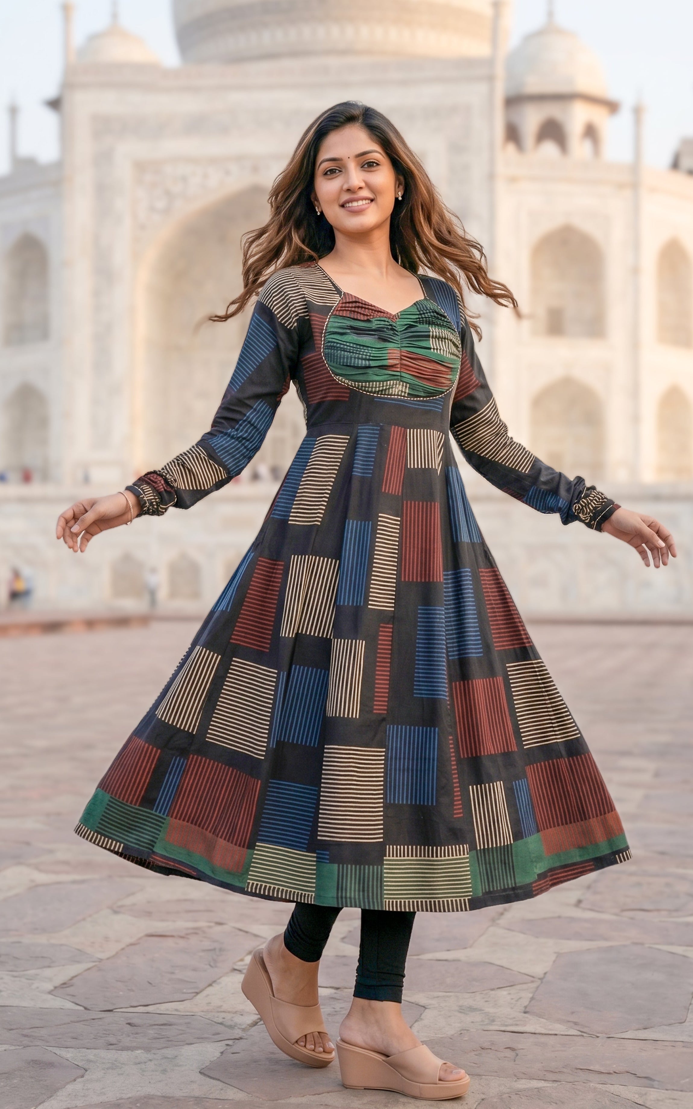 Instore - Black Color Printed Cotton Flared Anarkali Kurti with Line Embroidery & Sweetheart Neck with Gathered Sleeve