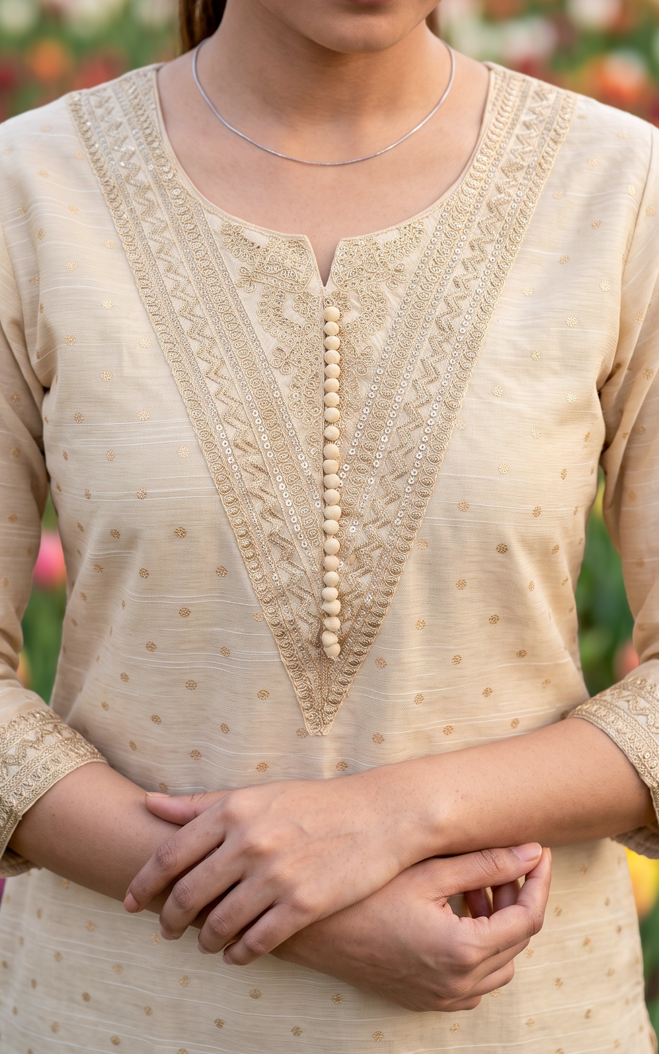 Beige Chanderi Elegant Festive Kurti Set for Women