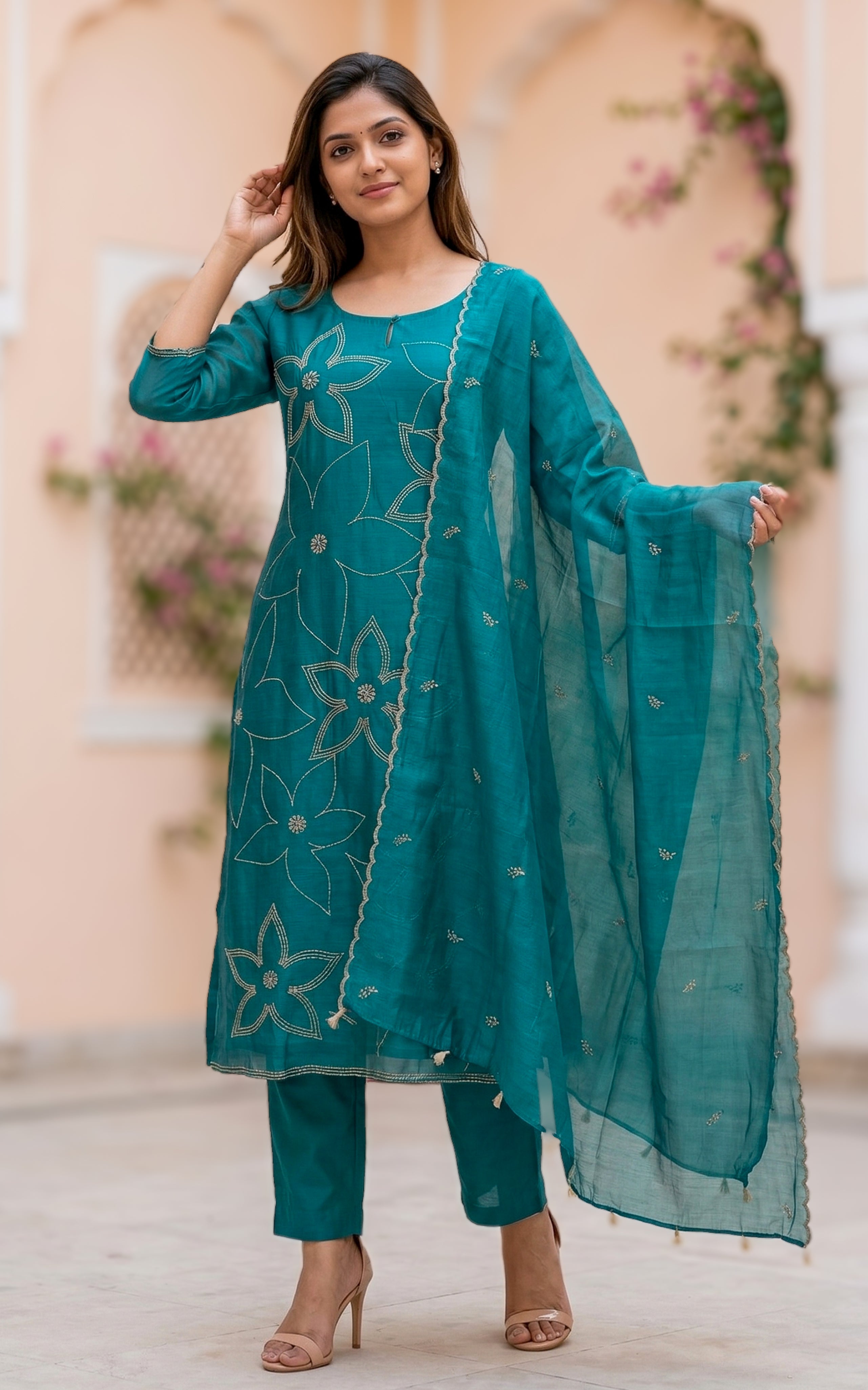 Art silk kurti with scalloped edge floral butti dupatta