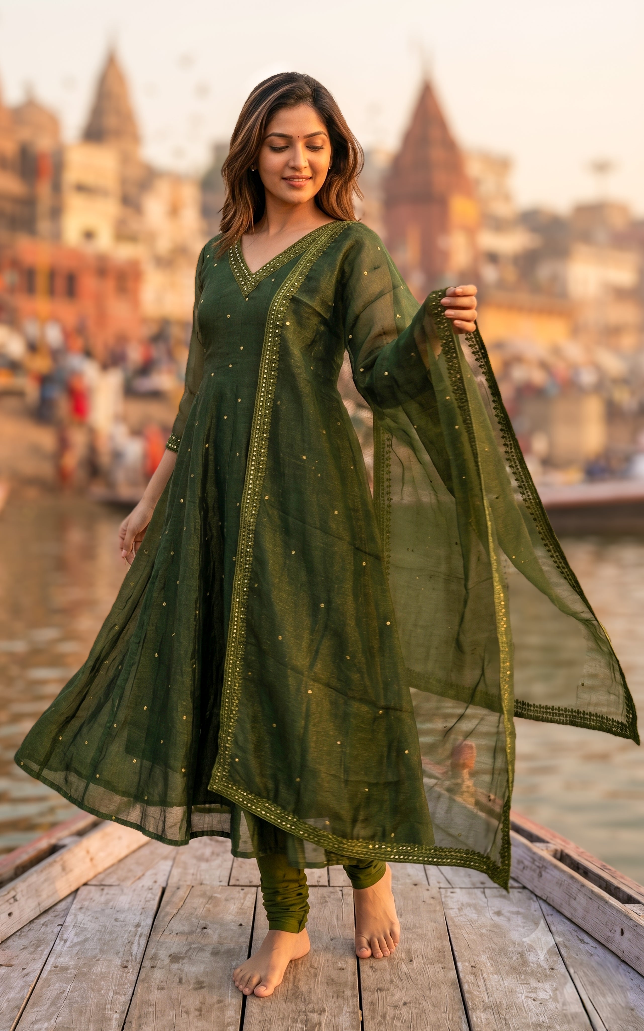 Instore – Dark Mehandi Green Mellinam Anarkali Kurti with Dupatta for Women – Crushed Tissue Silk – Sequin Embroidery – Festive Ethnic Wear