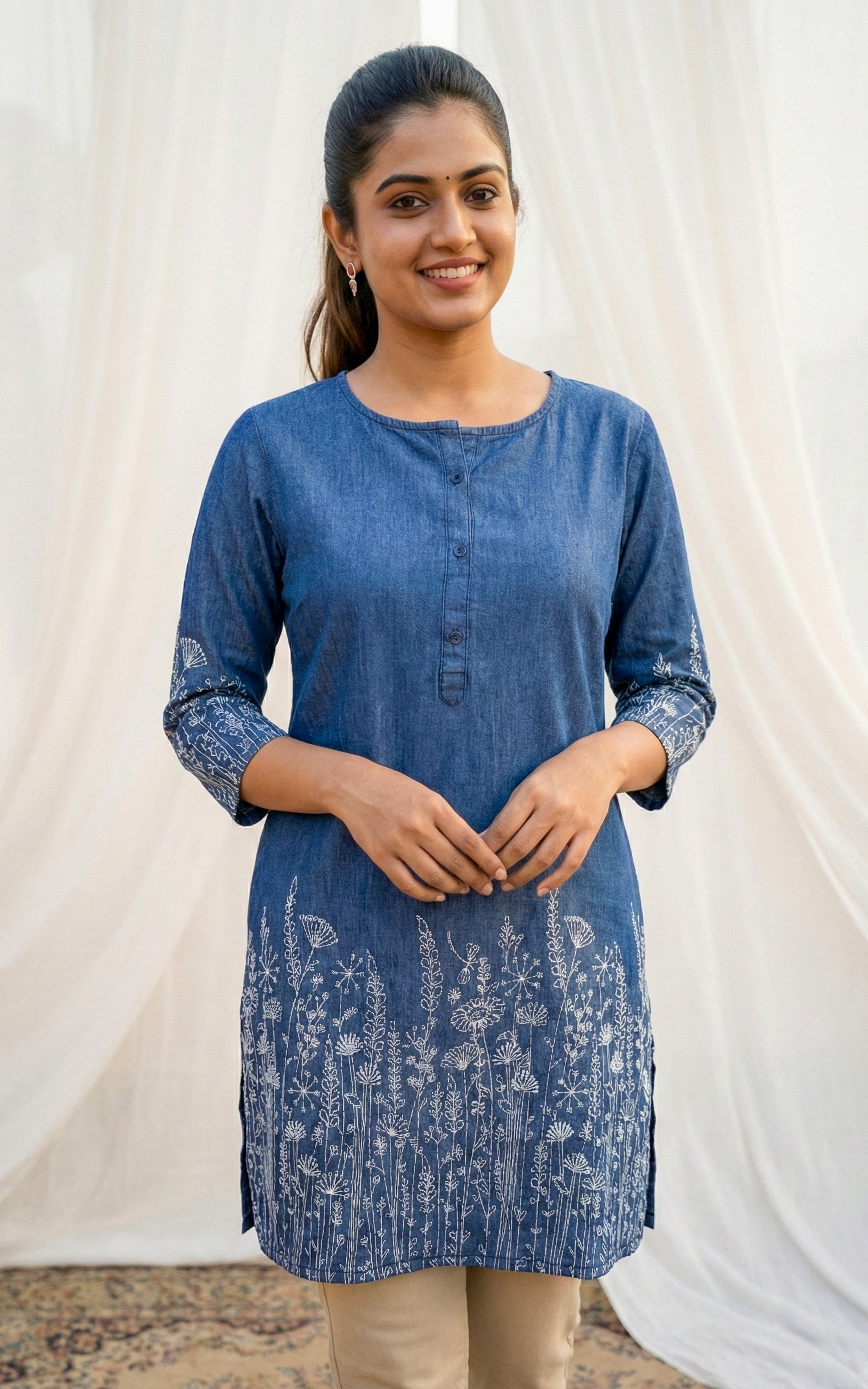 Comfortable denim printed short kurti for women