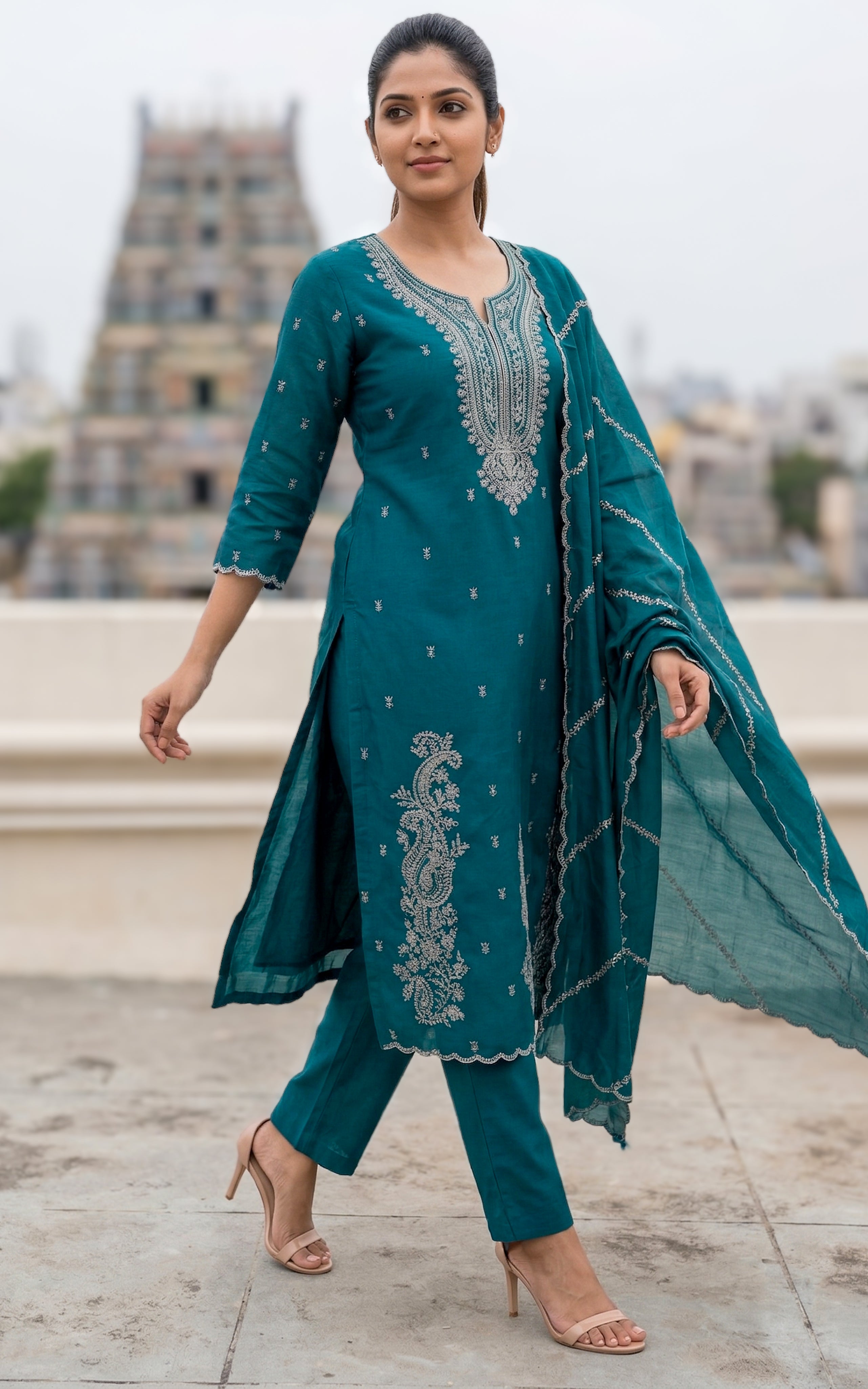Instore – Deep Teal Green Angel Kurti Pant Dupatta Set for Women – Art Silk – Festive Ethnic Wear