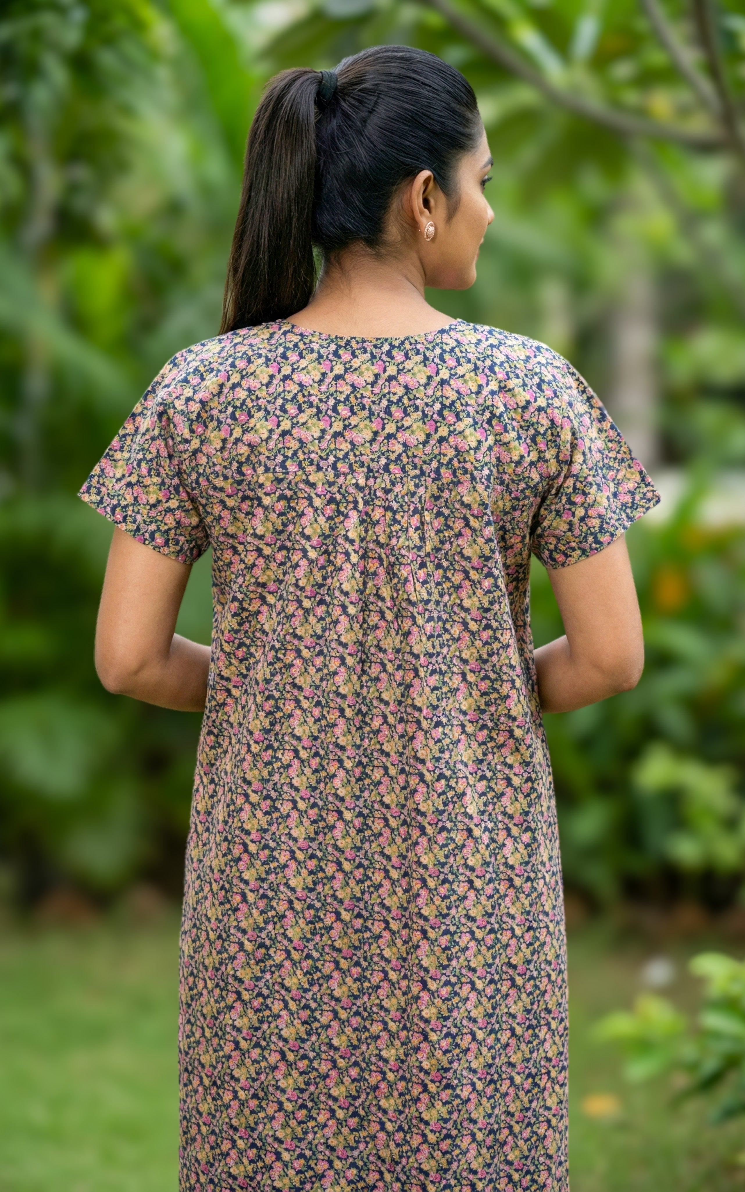 Instore – Navy Blue Cotton Long Nighty, All-Over Floral Print, Round Neck with Contrast Yoke & Decorative Embroidery, Relaxed Fit, Women's Sleepwear