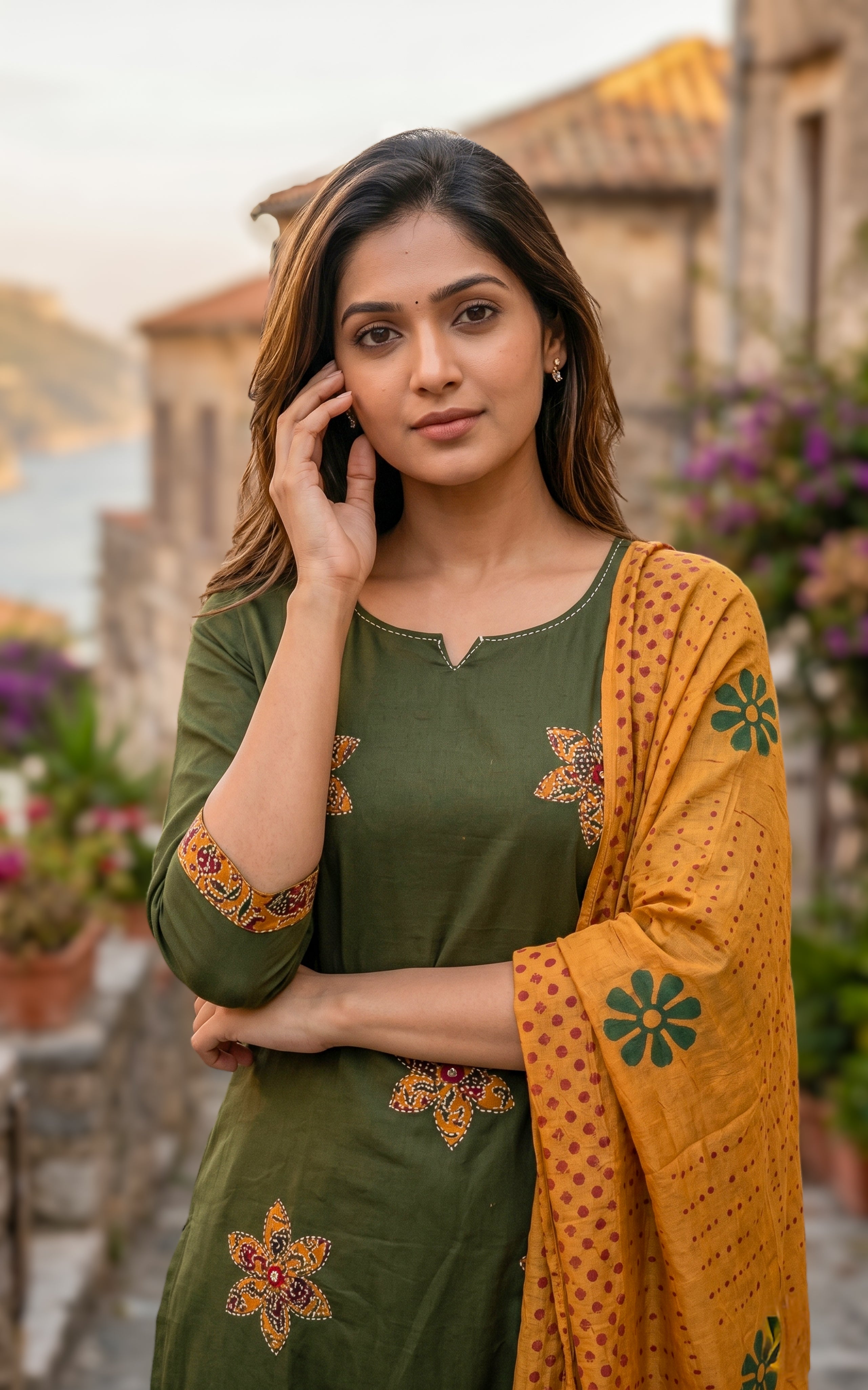 Green straight cut cotton kurti for women