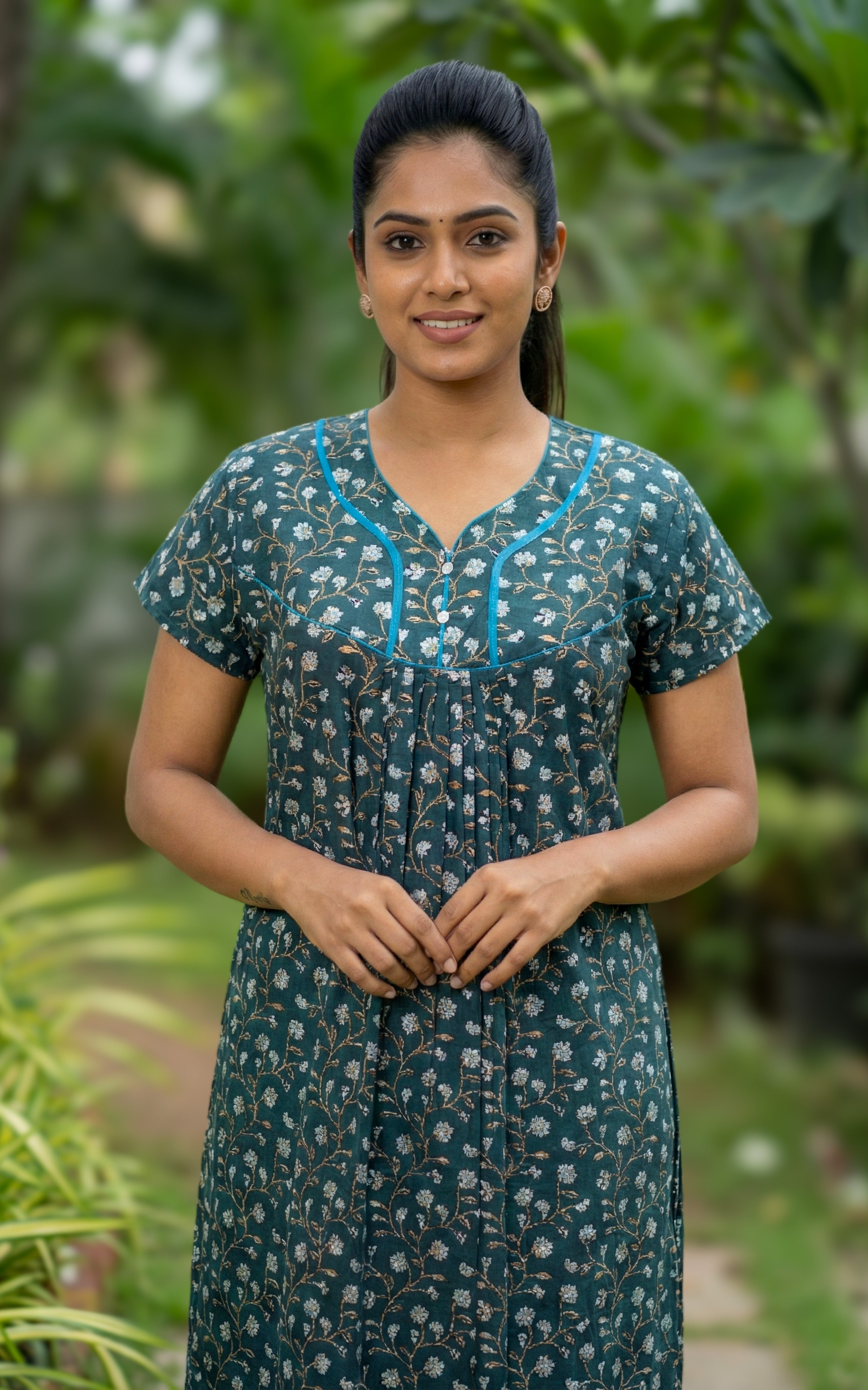 Instore – Teal Cotton Long Nighty, All-Over Beige Floral Design, Round Neck with Blue Contrast Piping & Button Placket, Relaxed Fit, Women's Sleepwear