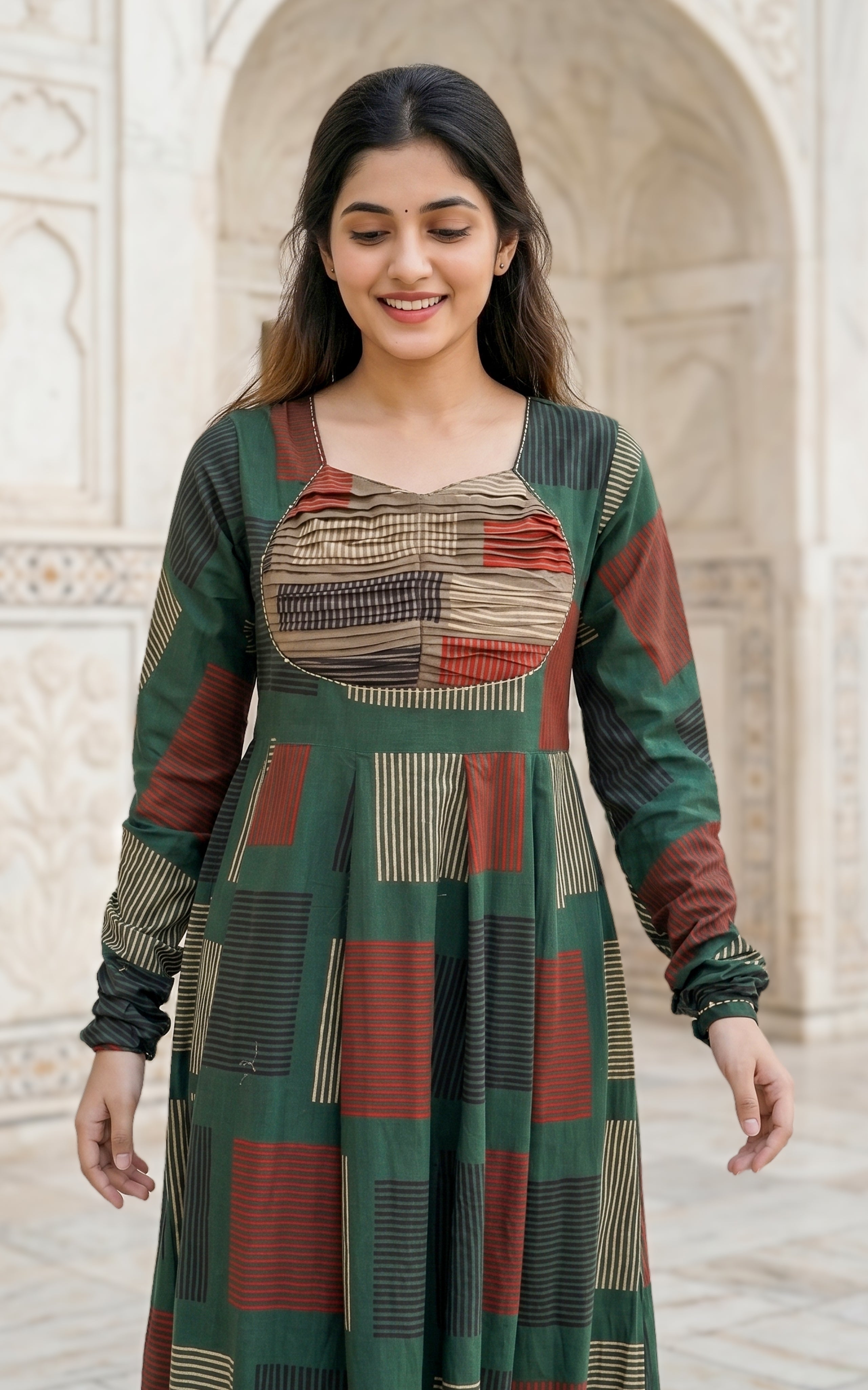 Instore - Green Color Printed Cotton Flared Anarkali Kurti with Line Embroidery & Sweetheart Neck with Gathered Sleeve
