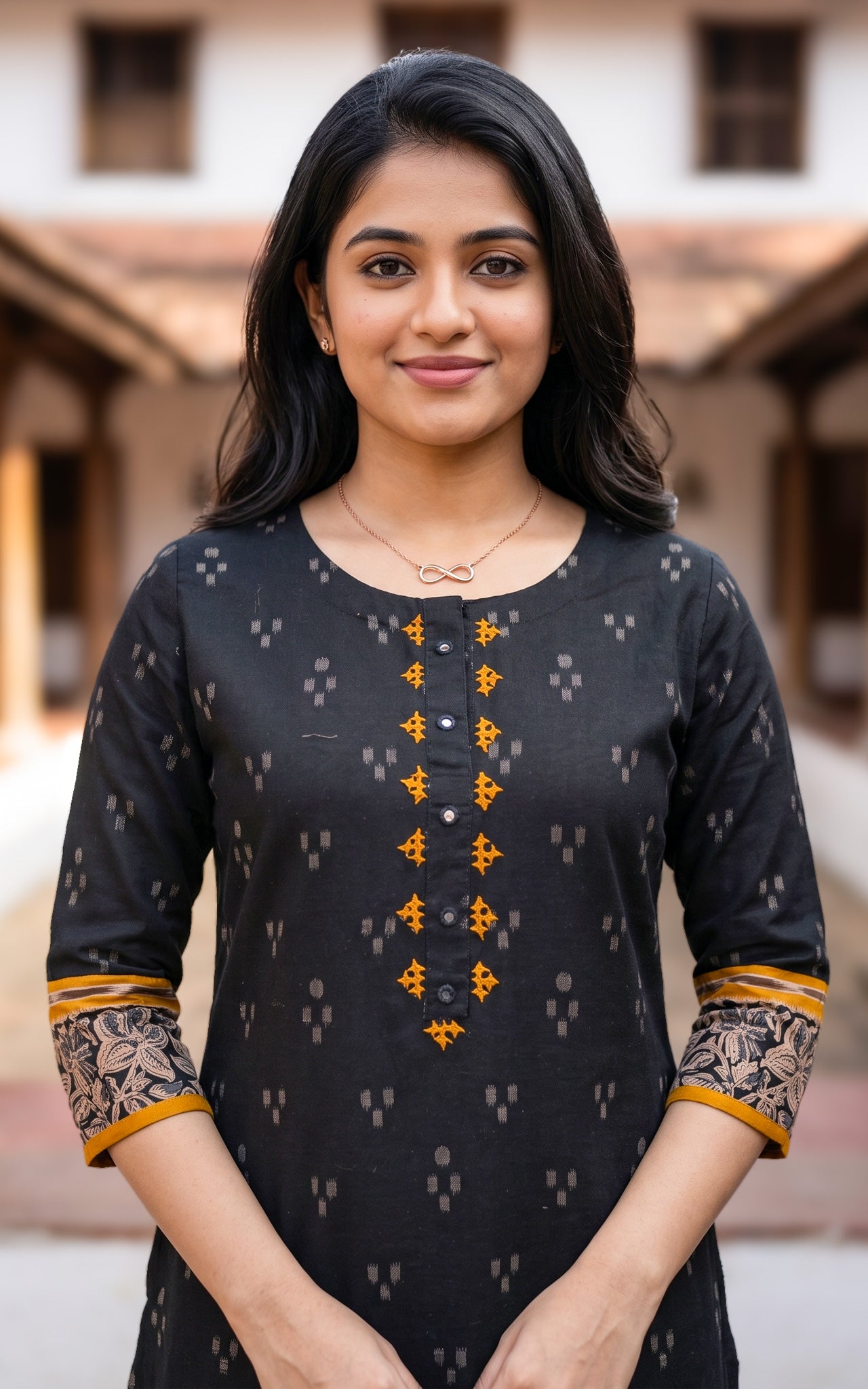 Black and Mustard Cotton Office Wear Kurti for Women