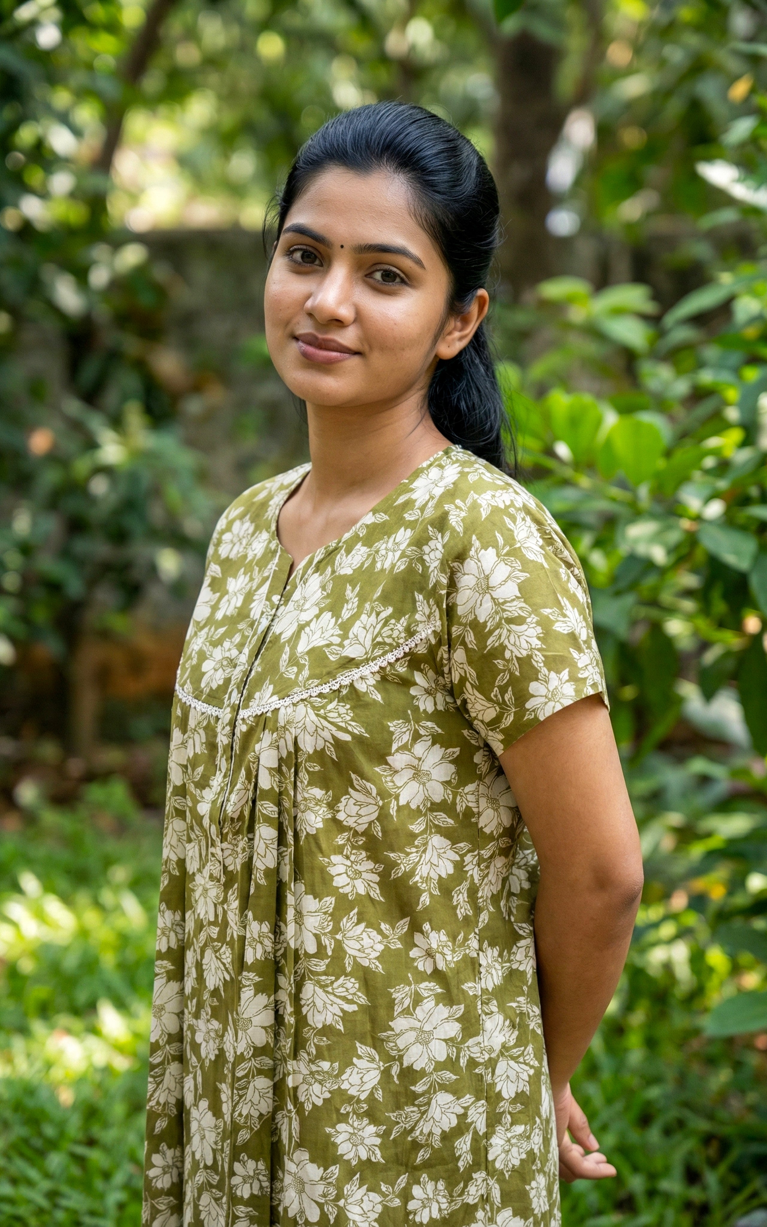Instore – Olive Green Cotton Long Nighty, All-Over Floral Print, Round Neck with Front Stitch Detailing, Straight Fit, Women's Sleepwear