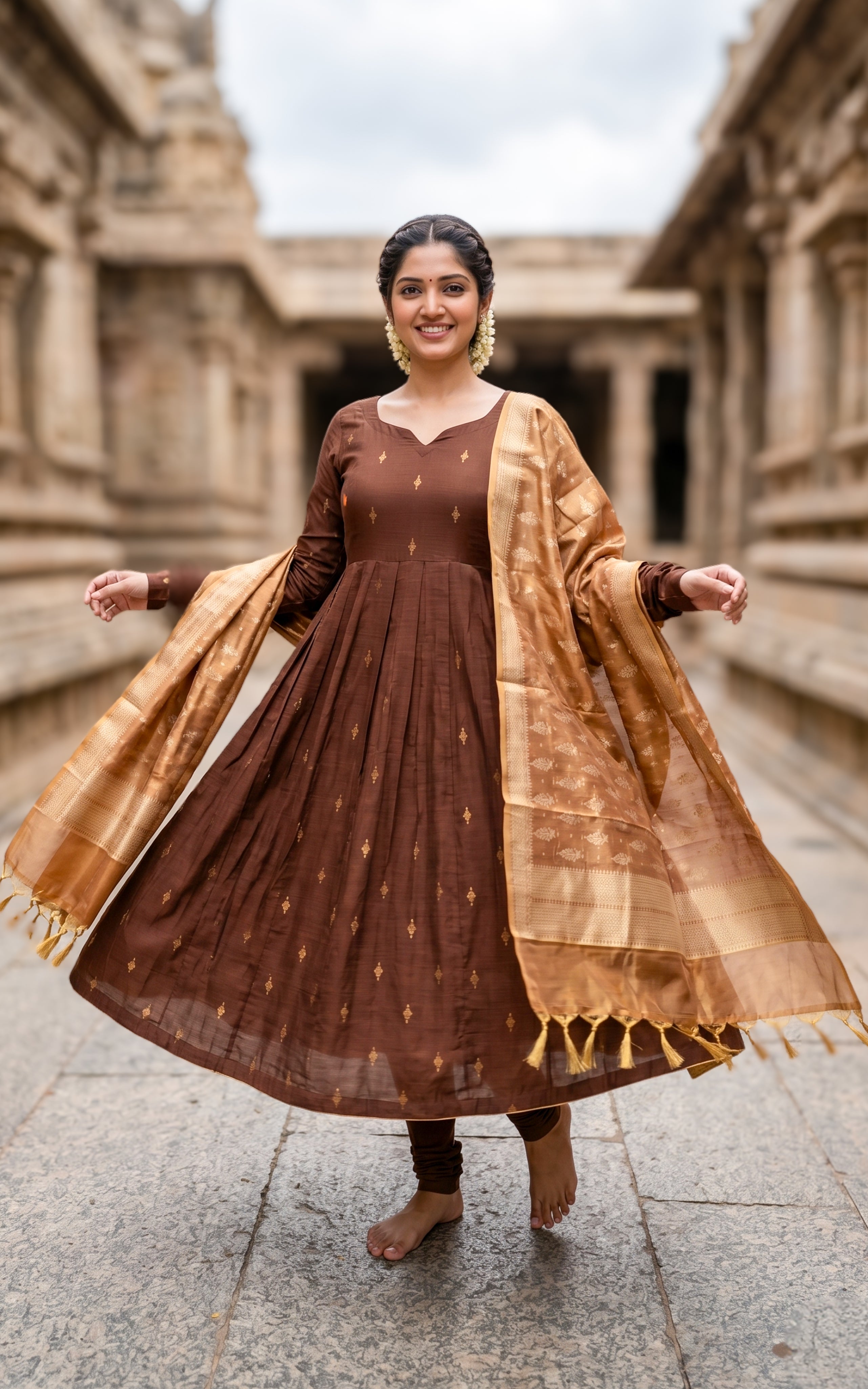 Instore – Brown Yaazhi Anarkali Kurti with Dupatta for Women – Silk Cotton – Golden Butta Work – Festive Ethnic Wear