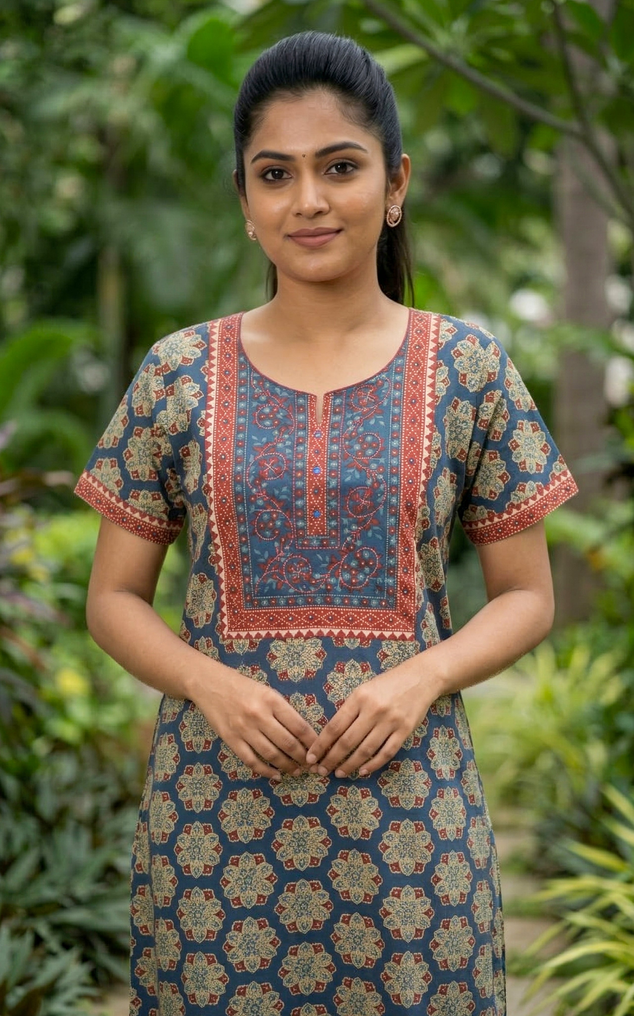 Instore – Slate Blue Cotton Long Nighty, Floral Motif Print, Round Neck with Printed Yoke Panel, Relaxed Fit, Women's Sleepwear