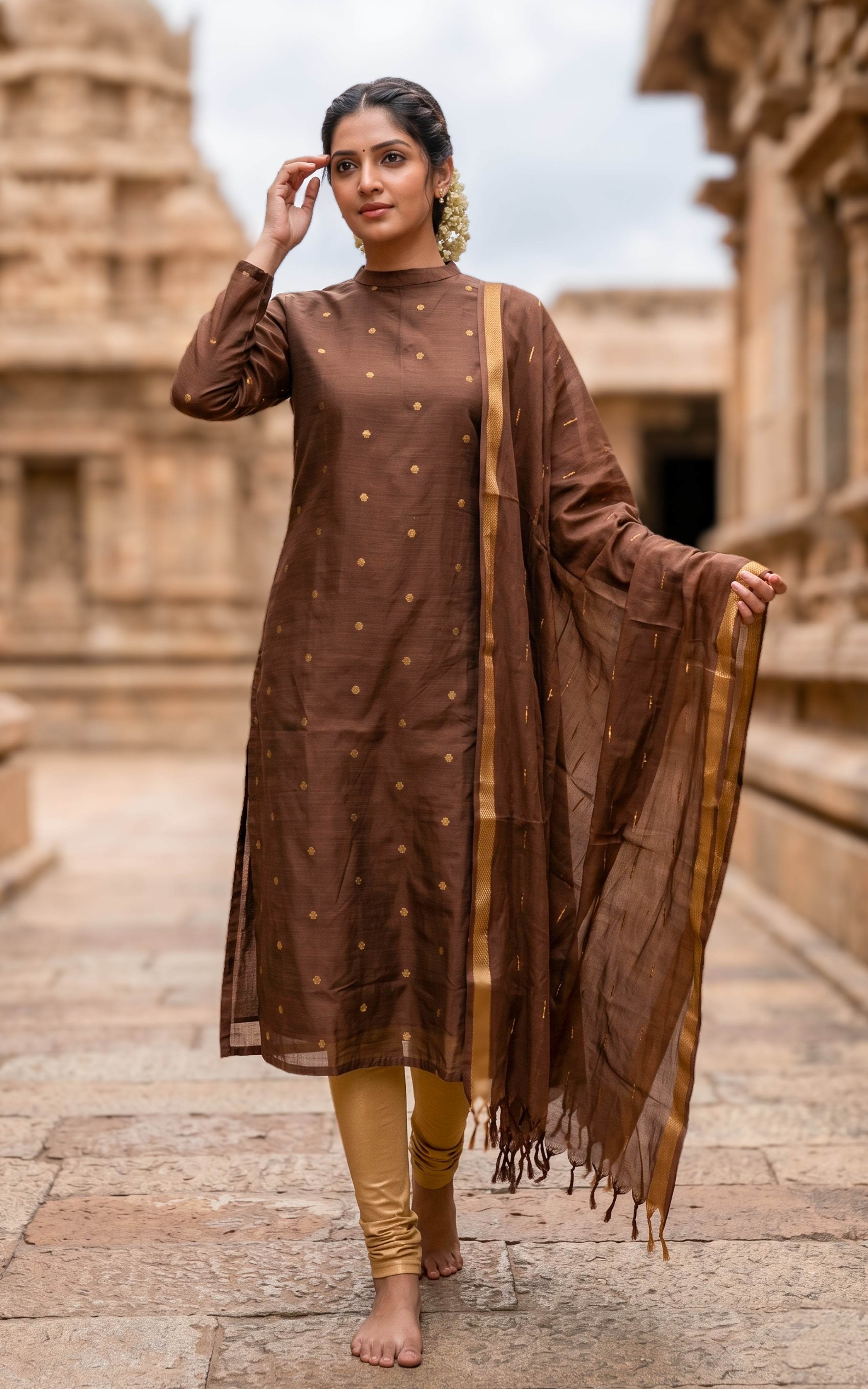 Instore – Brown Sudari Straight Cut Kurti with Dupatta for Women – Silk Cotton – Turtle Neck – Festive Ethnic Wear