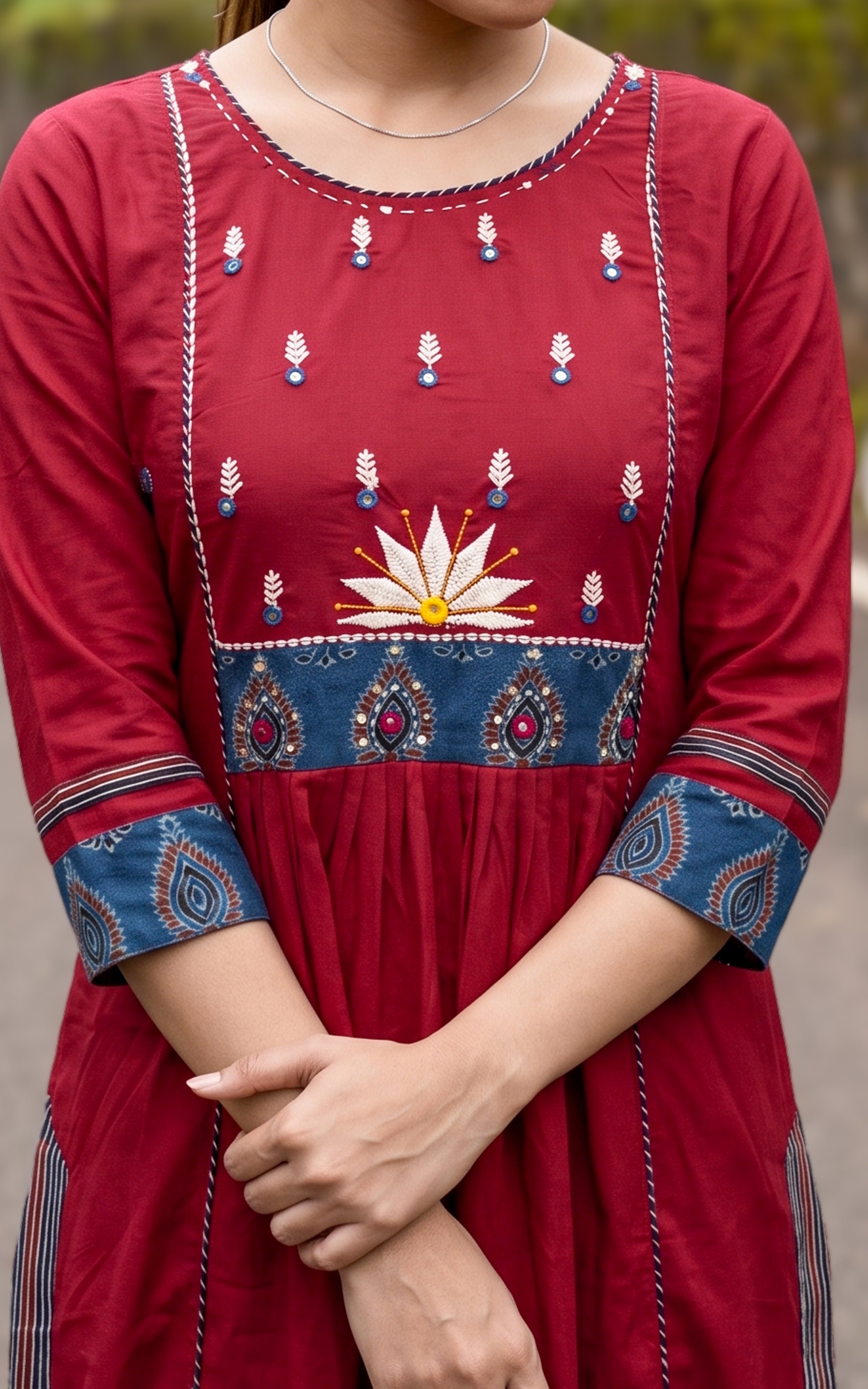 Red Cotton Ethnic Wear Kurti Set for Women
