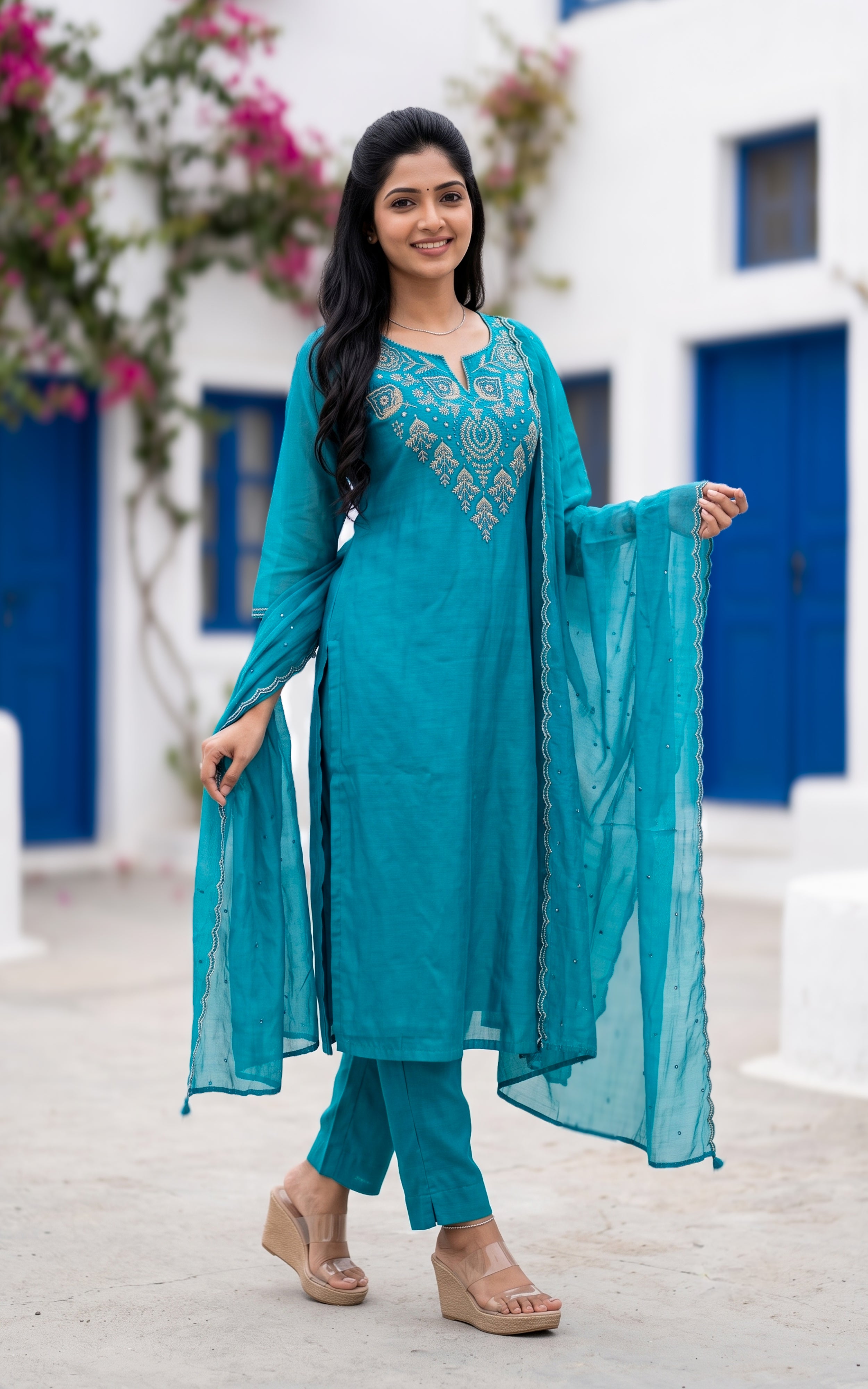 Rama Blue Chanderi Kurti Set with Double Side Pocket Pant for Women