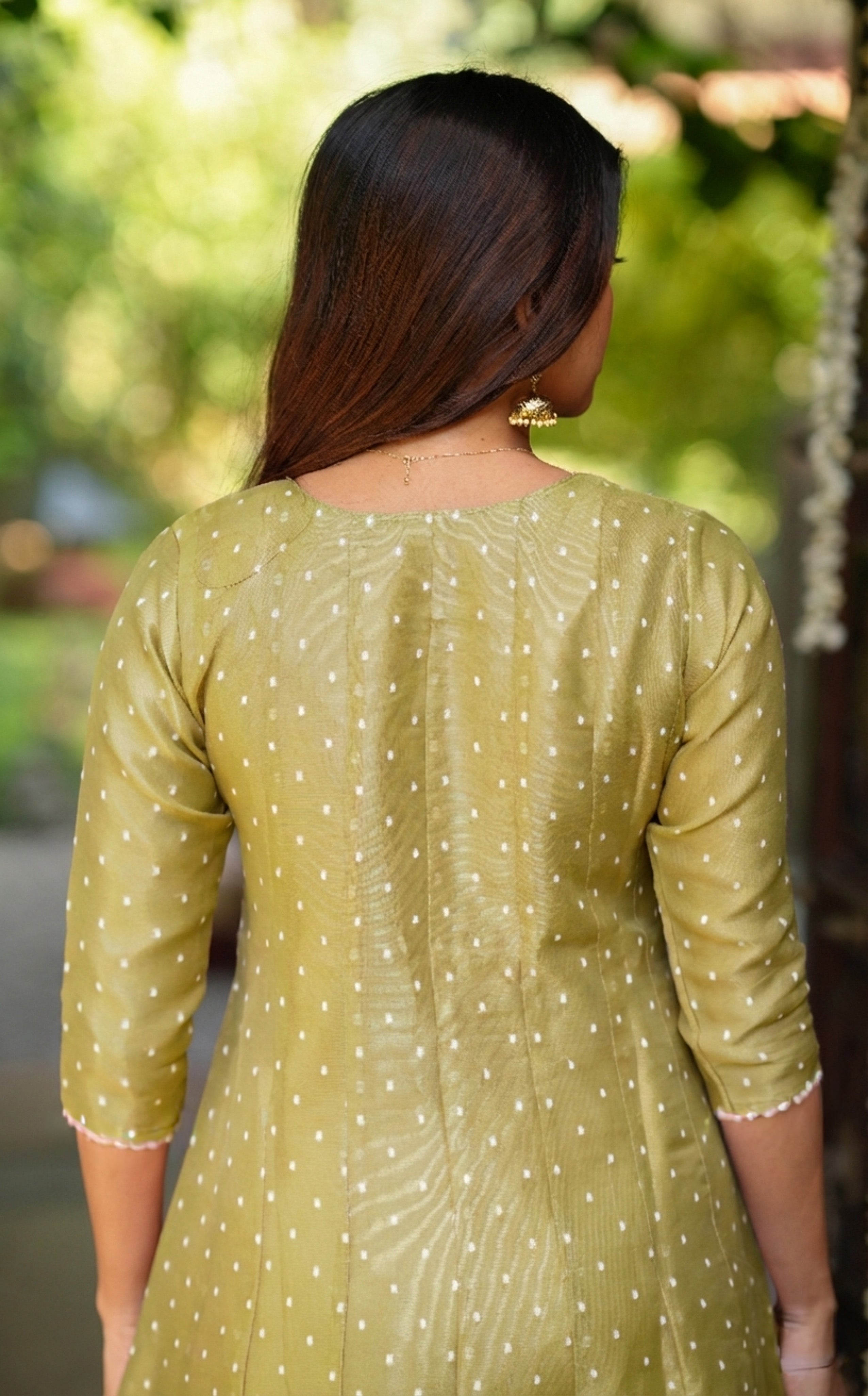 Instore - Pista green Chanderi A-line kurti with Zari Embroidery & Butter Crepe Lining